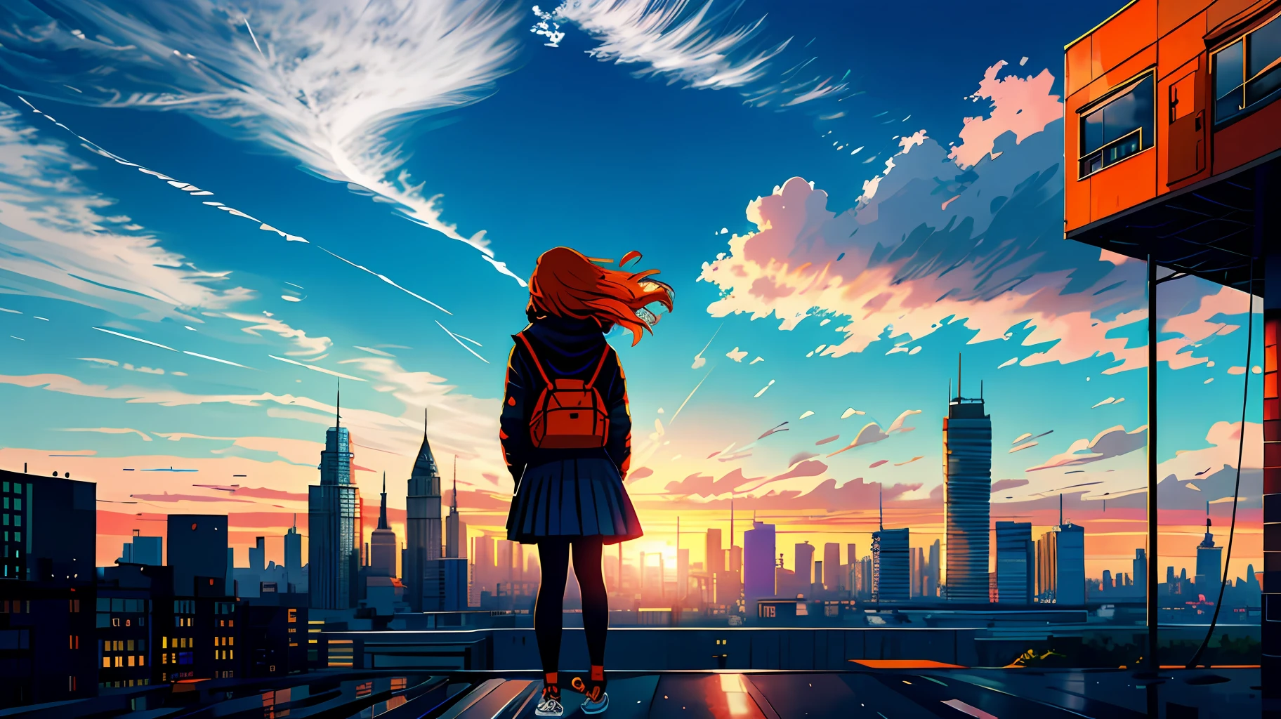 1girl, long orange hair, modern parka, skirt, converse shoes, modern city, on edge of a skyscaper's roof, midday, sun, blue sky, clouds, ((shot from back)), low angle, volumetric light, 8k, best quality, sharp, detailed