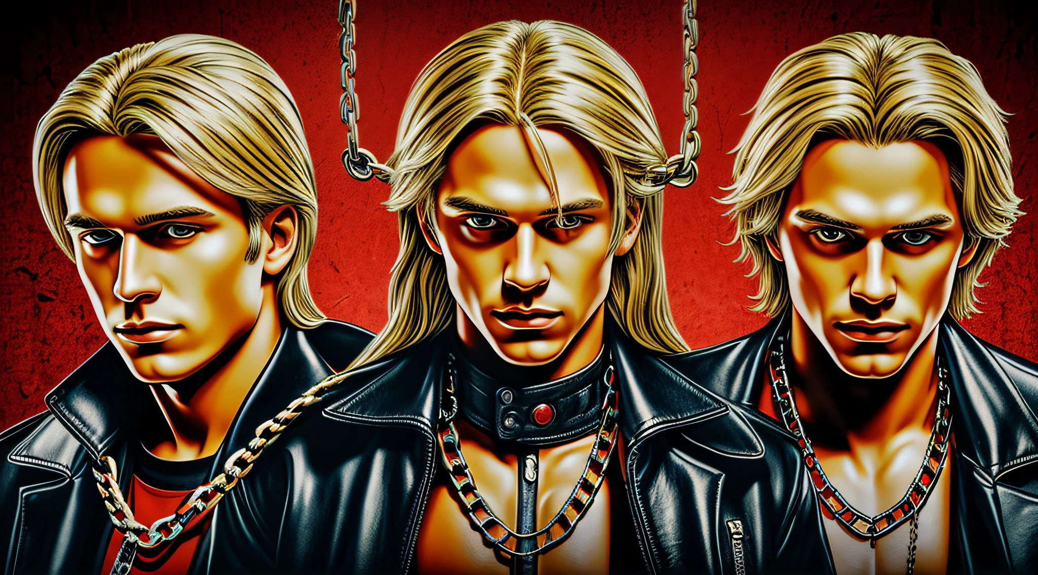 A half body, portrait of 3 German men long blonde hair of 21 years, red leather jackets, background of chains, chain, more chains, many chains, , red, red fire, many background flames, burn, hell, hell.