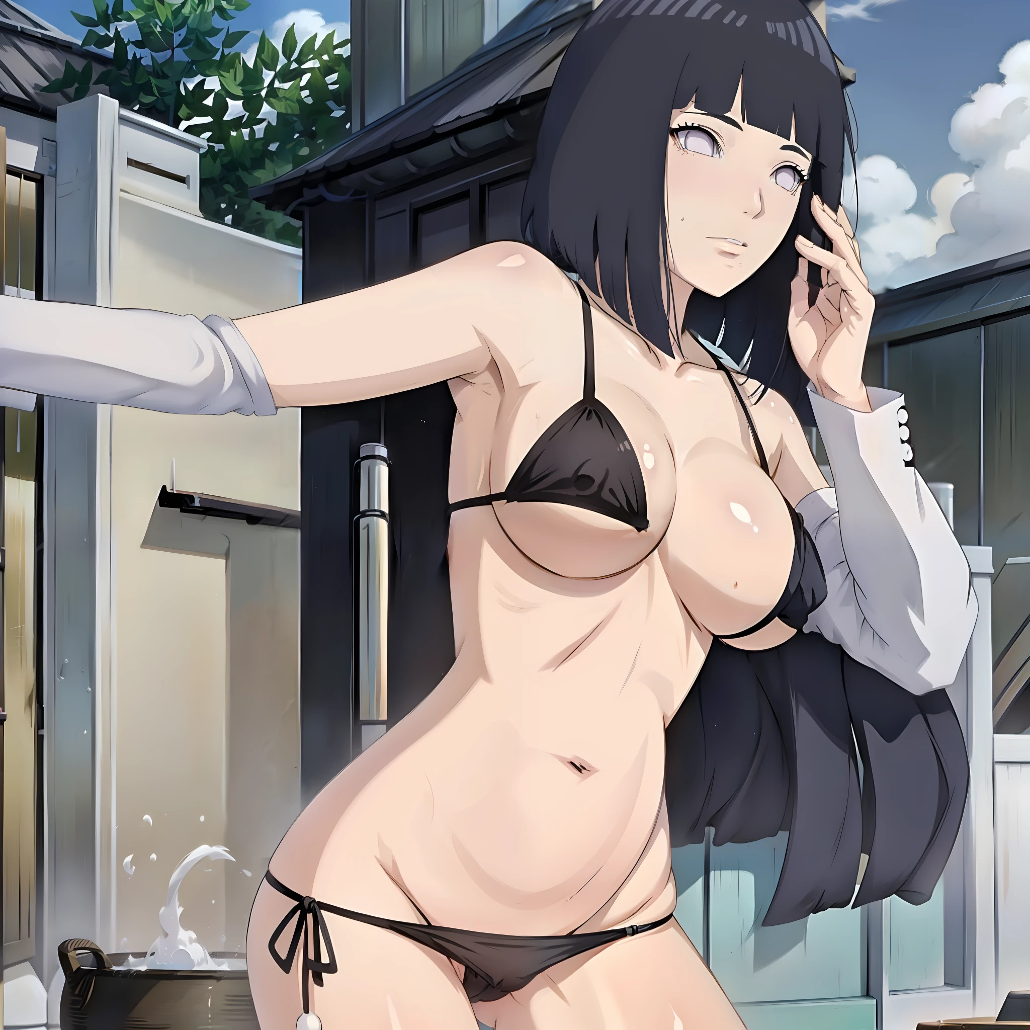 best quality, highres, 1girl, solo, black hair, breasts, folded ponytail, pruples eyes, tao jun, large breasts, micro bikini, outdoor, cowboy shooting ]