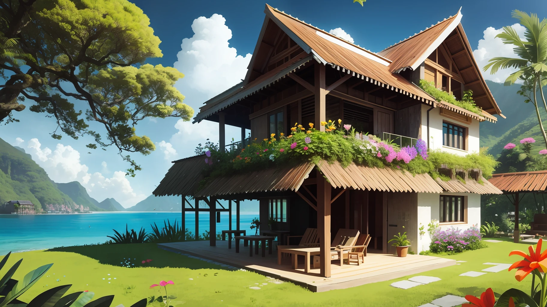 ecopunk house, architecture, paradise, flowers, verdant, tropical, stone, wood, technology, idyllic, absurdres, best quality, digital illustration