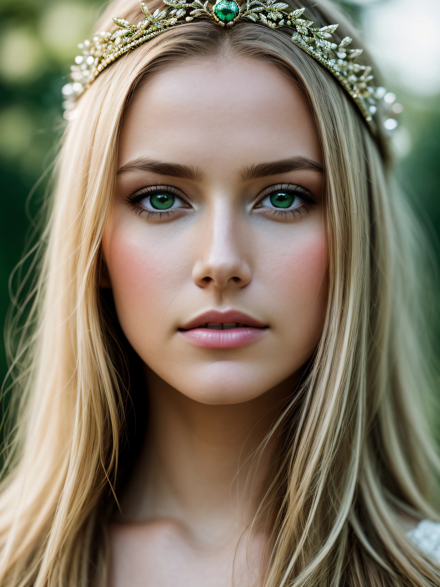 close-up of a European woman,wearing a crown blond hair, deep green eyes,, chateau, natural skin texture, 24mm, 4k textures, soft cinematic light, RAW photo, photorealism, photorealistic, complex, elegant, highly detailed, sharp focus, (((cinematic look)))), soothing tones, insane details, intricate details, hyperdetailed, low contrast, soft cinematic light, low colors, exposure mix, HDR, faded