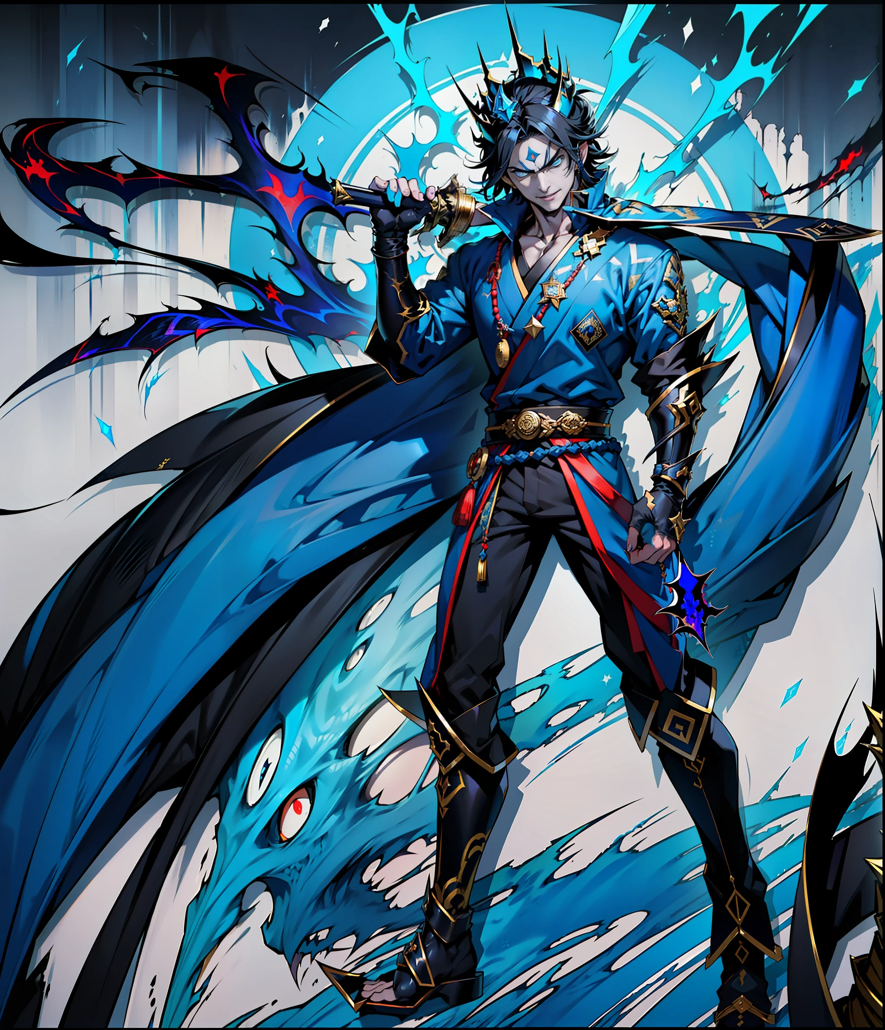 Man, black hair, (bright blue eyes, skin covered by a blue shadow), wearing Japanese clothes, wearing a golden crown on his head, shining crown, perfect anatomy, correct proportions, ((corrupted, possessed, evil, cold color palette, evil aura)), handsome face,