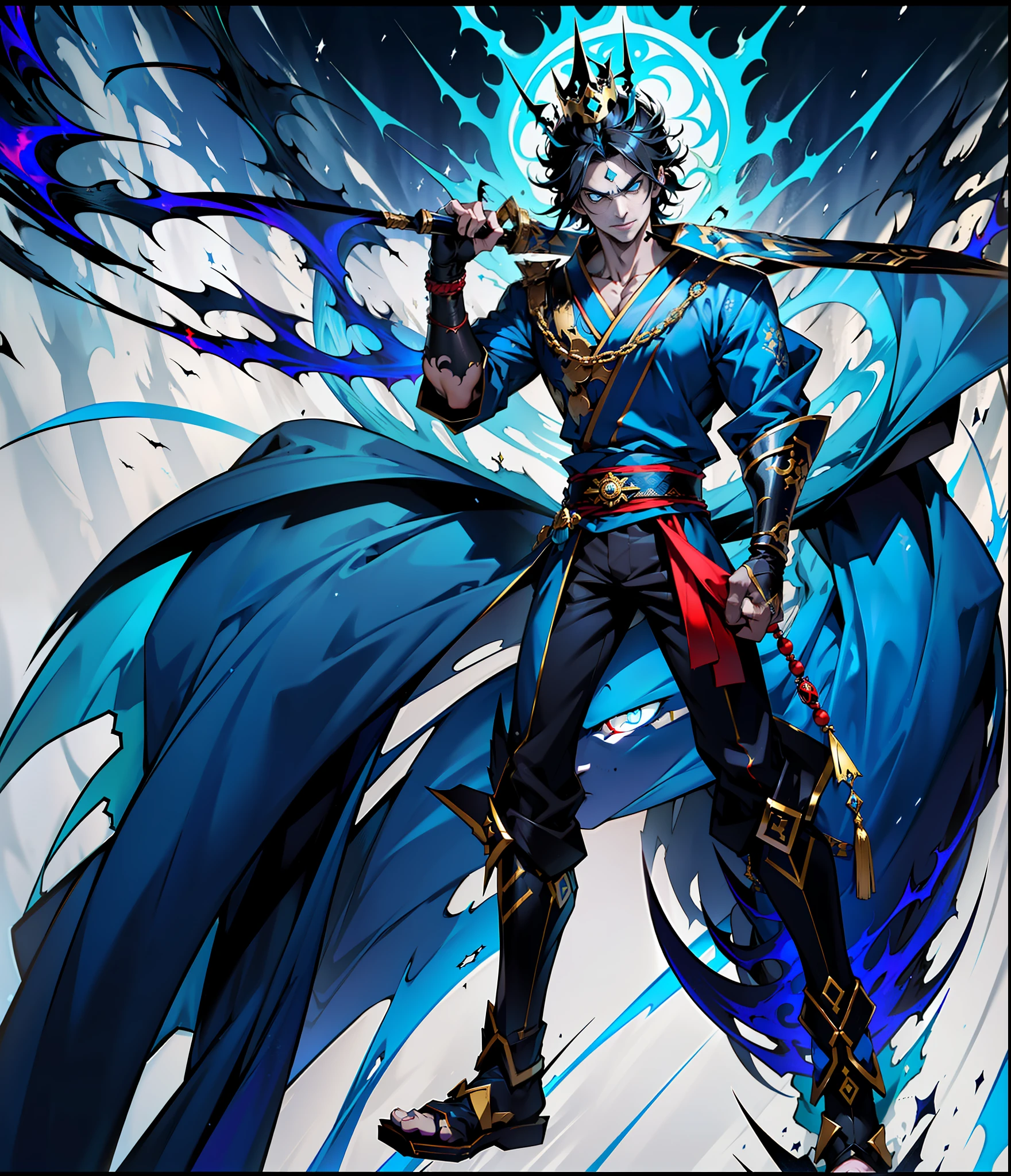 Man, black hair, (bright blue eyes, skin covered by a blue shadow), wearing Japanese clothes, wearing a golden crown on his head, shining crown, perfect anatomy, correct proportions, ((corrupted, possessed, evil, cold color palette, evil aura)), handsome face,