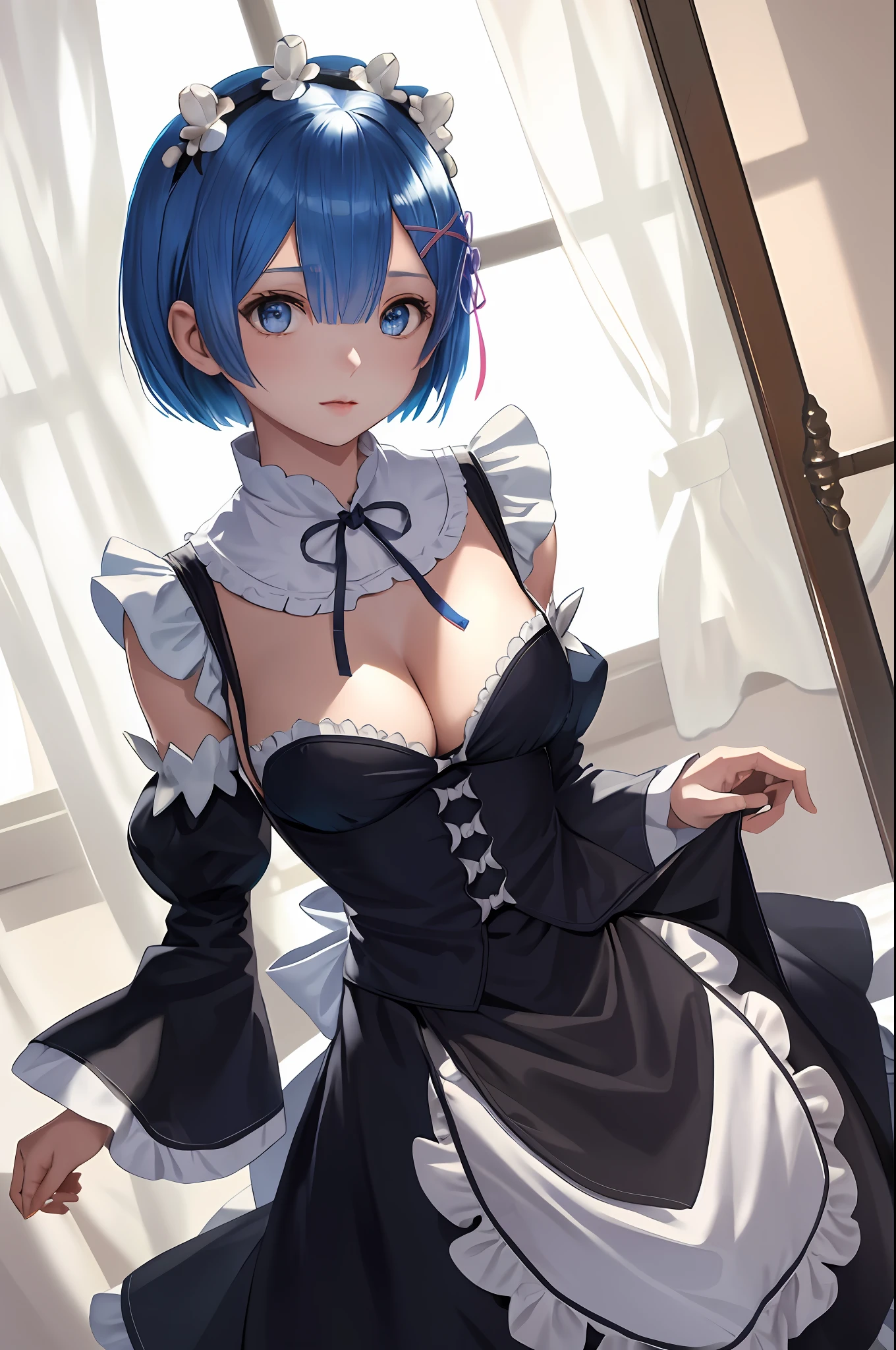 highres, sharp focus, pixiv masterpiece, ((intricate details)), highly detailed, upper body, 1girl, rem_re_zero, blue hair, short hair, maid uniform, hair ornament,  cleavage, maid headdress, detached sleeves, ribbon,,