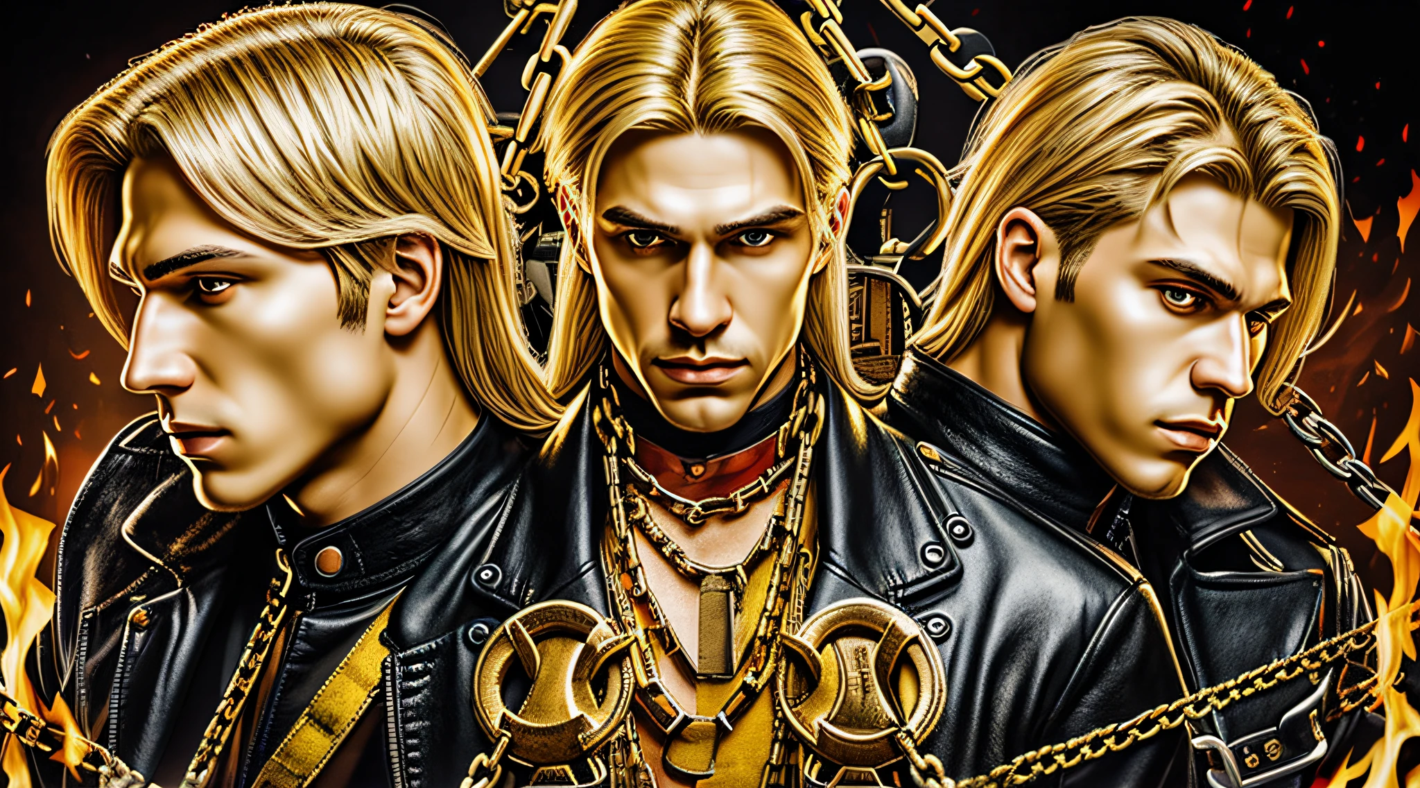 A half body, portrait of 3 German men long blonde hair of 21 years, yellow leather jackets, background of chains, chain, more chains, many chains, , red, red fire, many background flames.