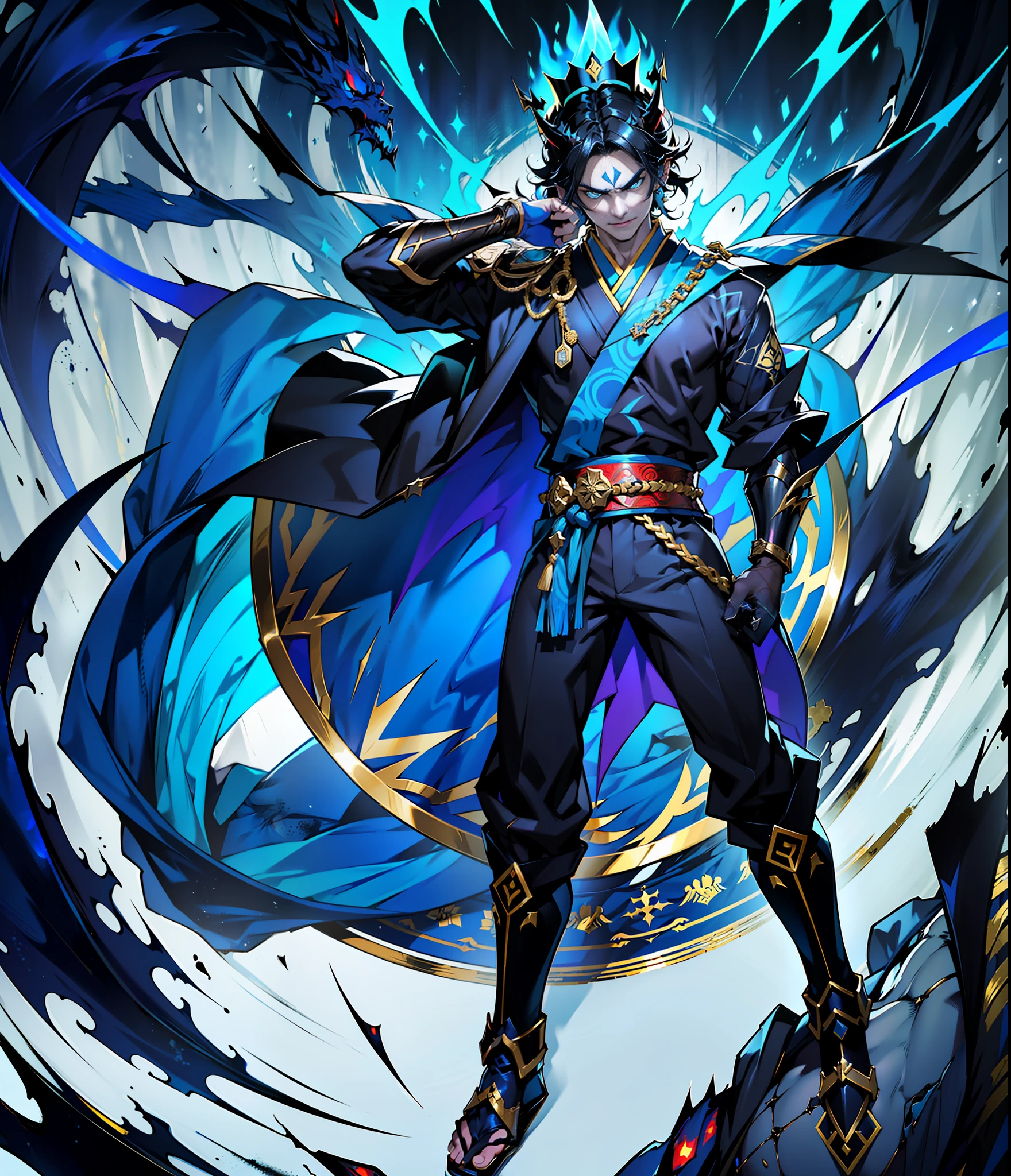 Man, black hair, (bright blue eyes, skin covered by a blue shadow), wearing Japanese clothes, wearing a golden crown on his head, shining crown, perfect anatomy, correct proportions, ((corrupted, possessed, evil, cold color palette, evil aura)), handsome face,
