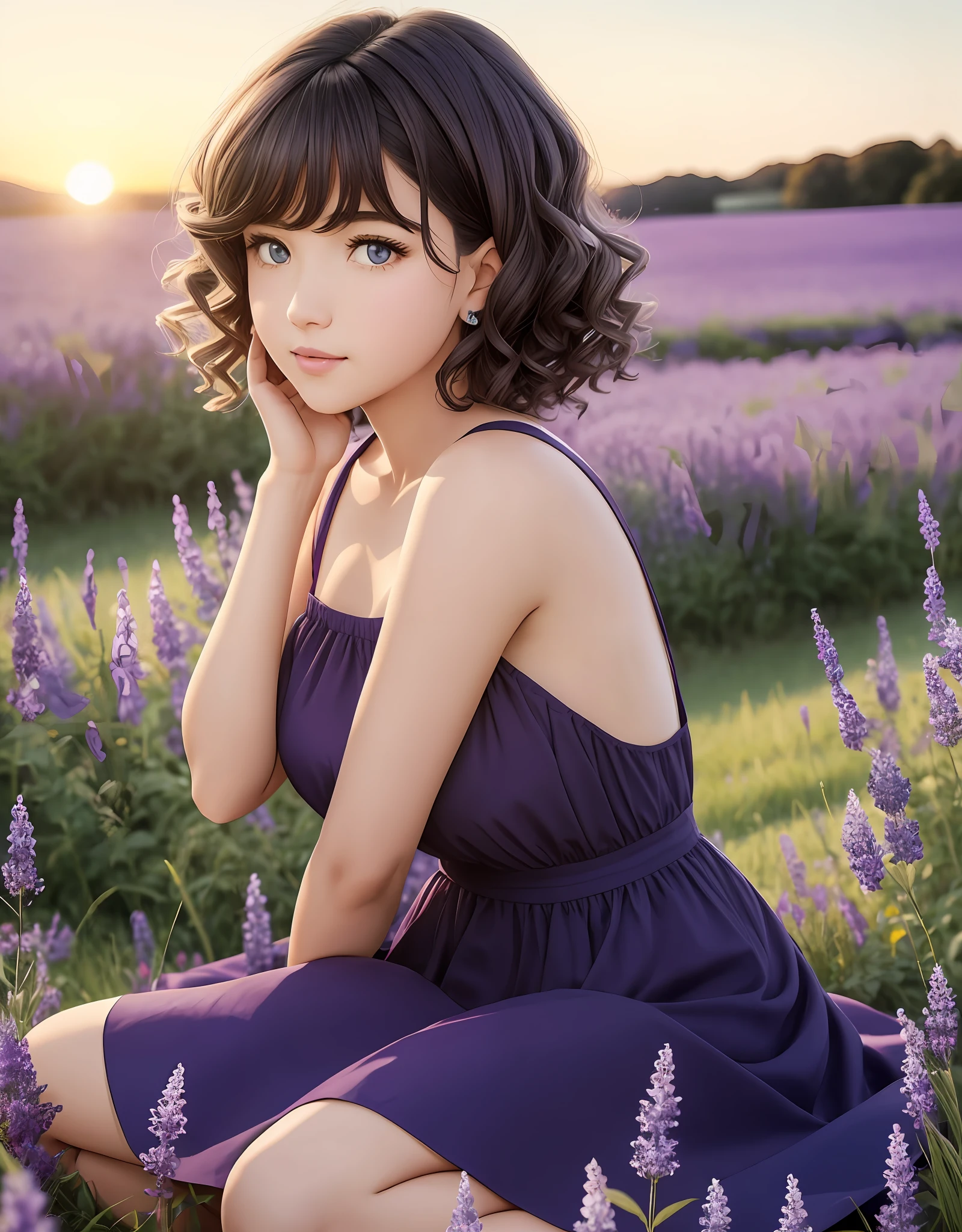 A single girl in the photo, full body, cute Wolf girl, light gray hair and gray Wolf ears, cute cheeks, purple round dress, children's dress, is sitting in a field of violet flowers and yellow grasses at sunset, late afternoon, rounded eyes, brown skin, almost red brown skin, short hair, curly hair, straight hair, wavy hair short and rounded nose, large rounded dark blue eyes, medium and semi-wide lips, narrow and rounded face, rounded low arch eyebrow, Latin skin, dark purple dress, short hair on the neck