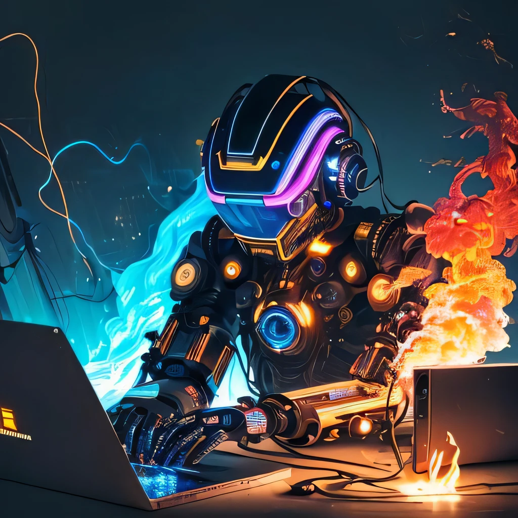 (masterpiece, best quality, highres, absurdres, detailed:1.2), humanoid, robot, wearing headphones, looking away, (cyberpunk, art canvas, painting, parts, cables, wires, broken, iridescent, holographic: 1.6), laptop on fire, wood table, (flames, fire, smoke, overheat, explosion in background)