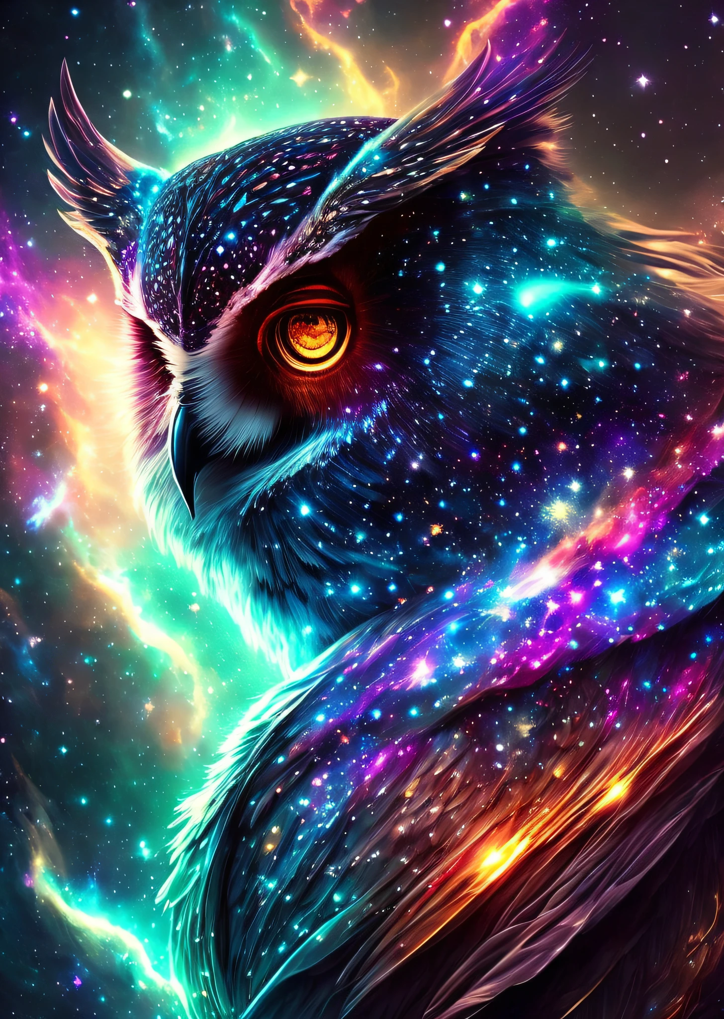 dreamlikeart, galaxies, space, nebulae, stars, owl [cyberpunk] of (stars:1.5),