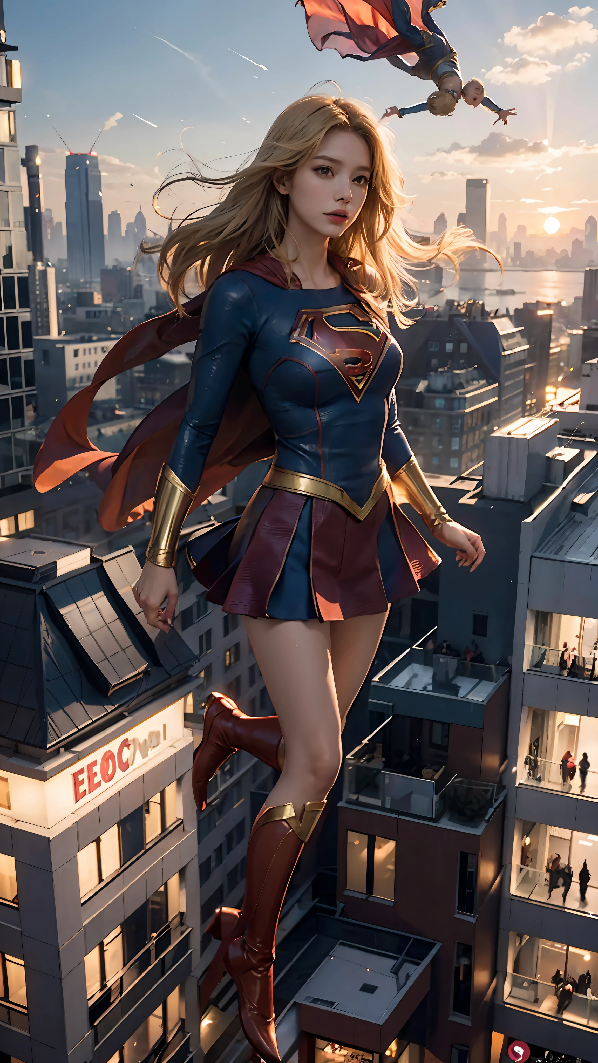 Woman alone, Supergirl costume dress, medium breasts, blonde, evening, city, lots of buildings, sunset, ((floating in the air)), full body, ((from afar)), from the side, flying in the sky