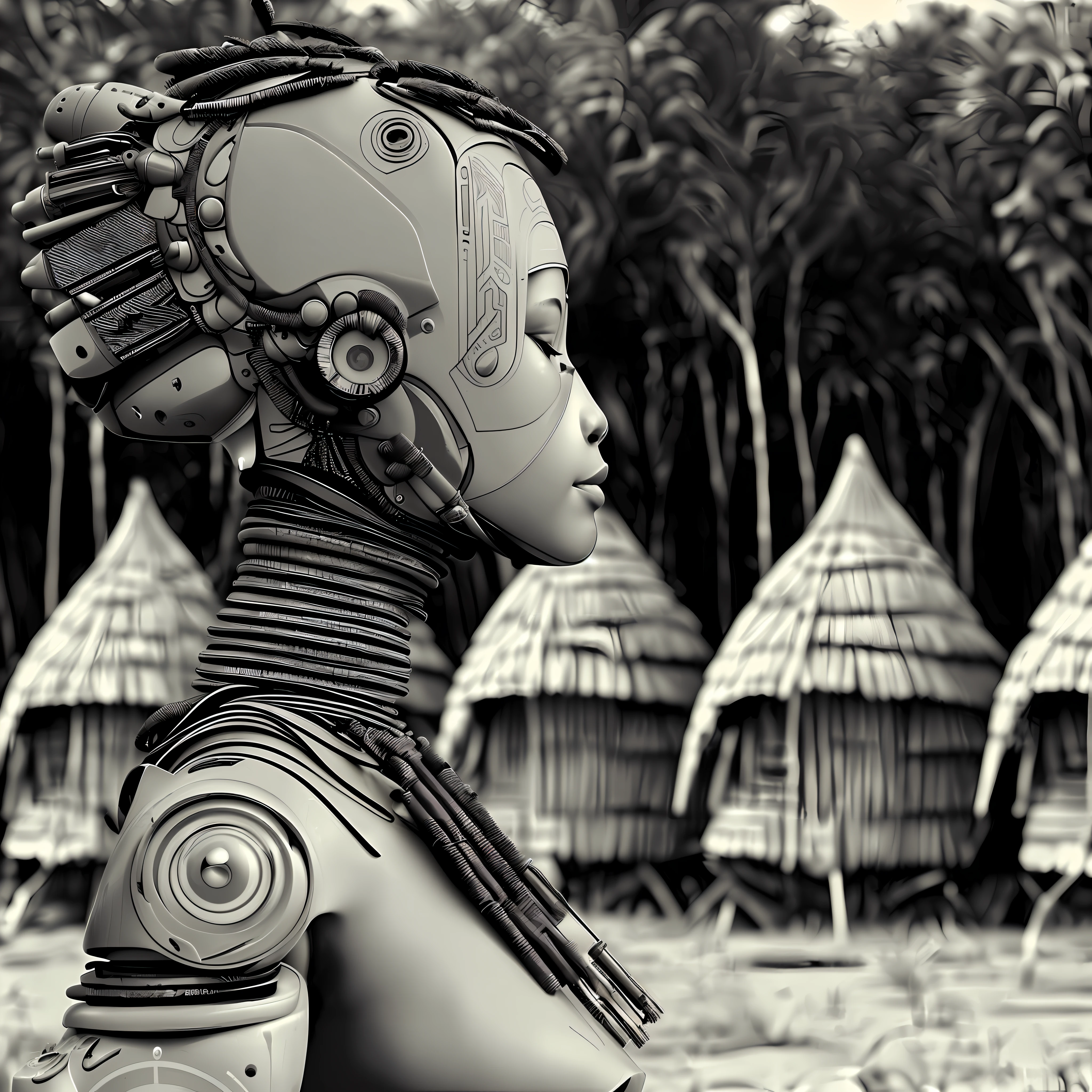 There is a woman with a headdress and a lot of indigenous hollows in the background, African female android, afrofuturism, afrofuturism style, retrofuturistic female android, of a futuristic selk'nam woman, young futuristic himba, futuristic himba ager, afrofuturism, humanoid woman, portrait of a female android, afrofuturist, cyborg woman, blurred background, professional photography of sebastiçao salgado