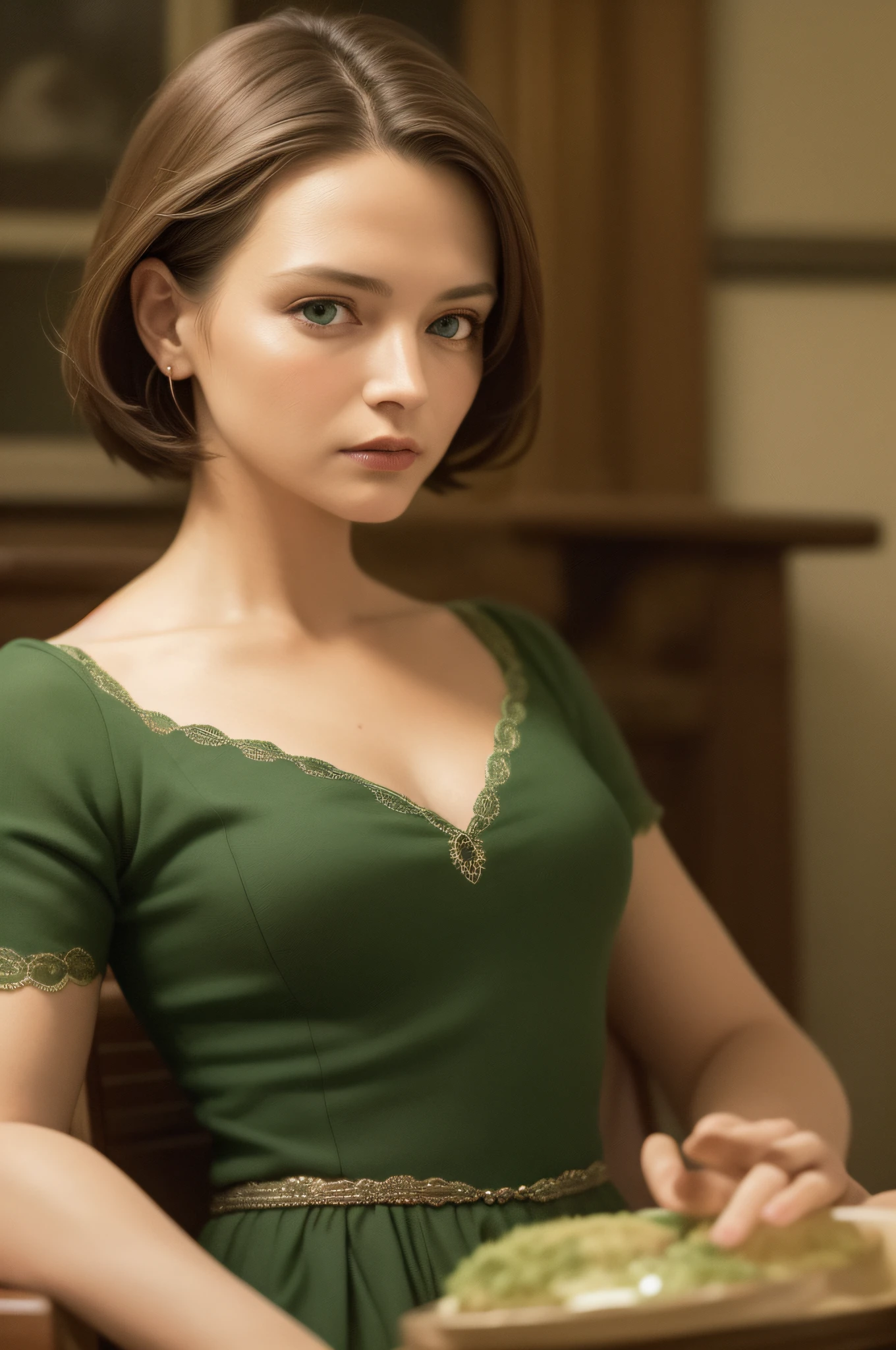 Best Quality, Masterpiece, (Realistic: 1.2), 50 year old Female, Brown Hair, Intense Green Eyes, Front, Detailed Face, Beautiful Eyes