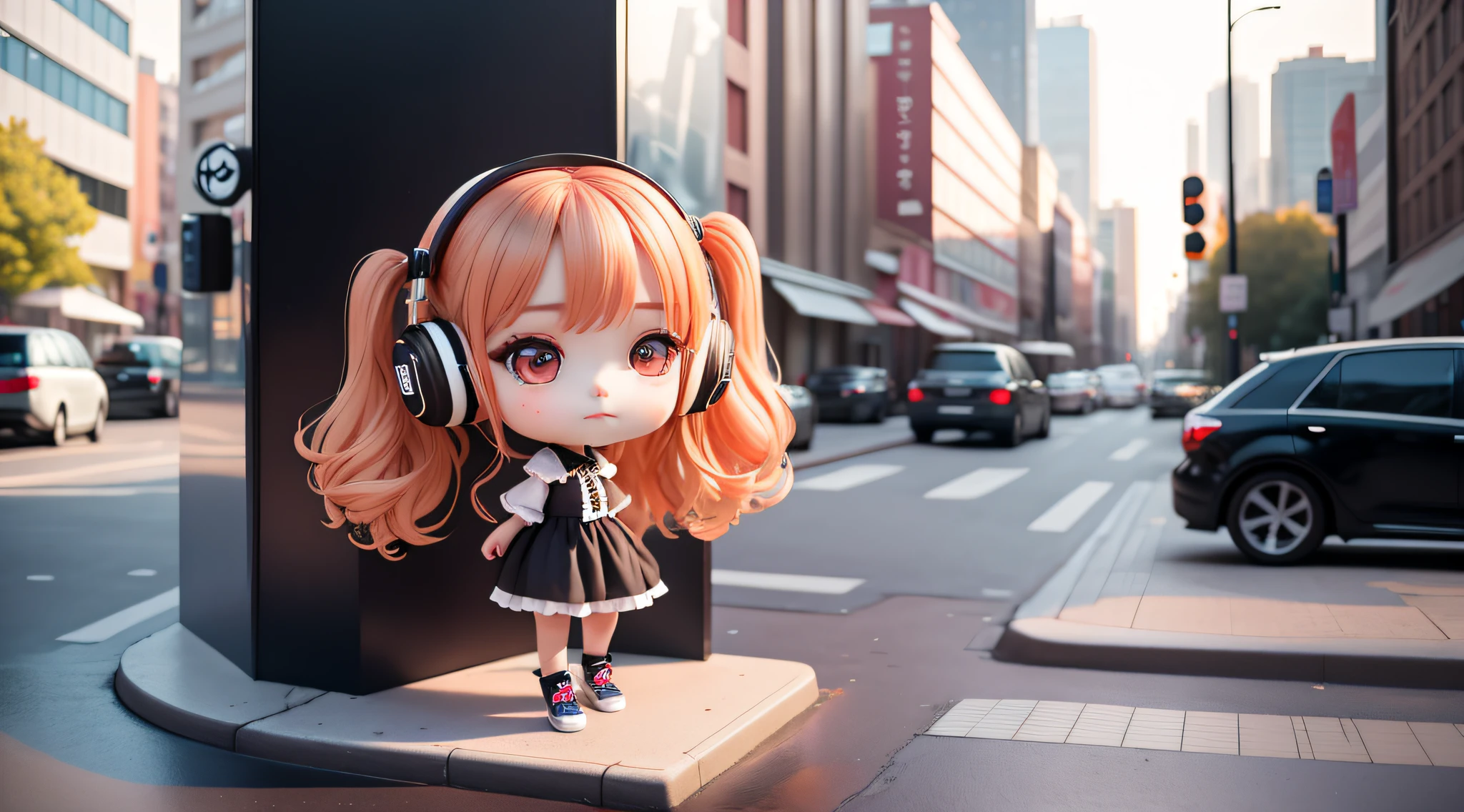 (masterpiece),(best quality),(ultra-detailed), (full body: 1.2), egirl,chibi,cute, brave face, city, outdoors, listening to music black dress