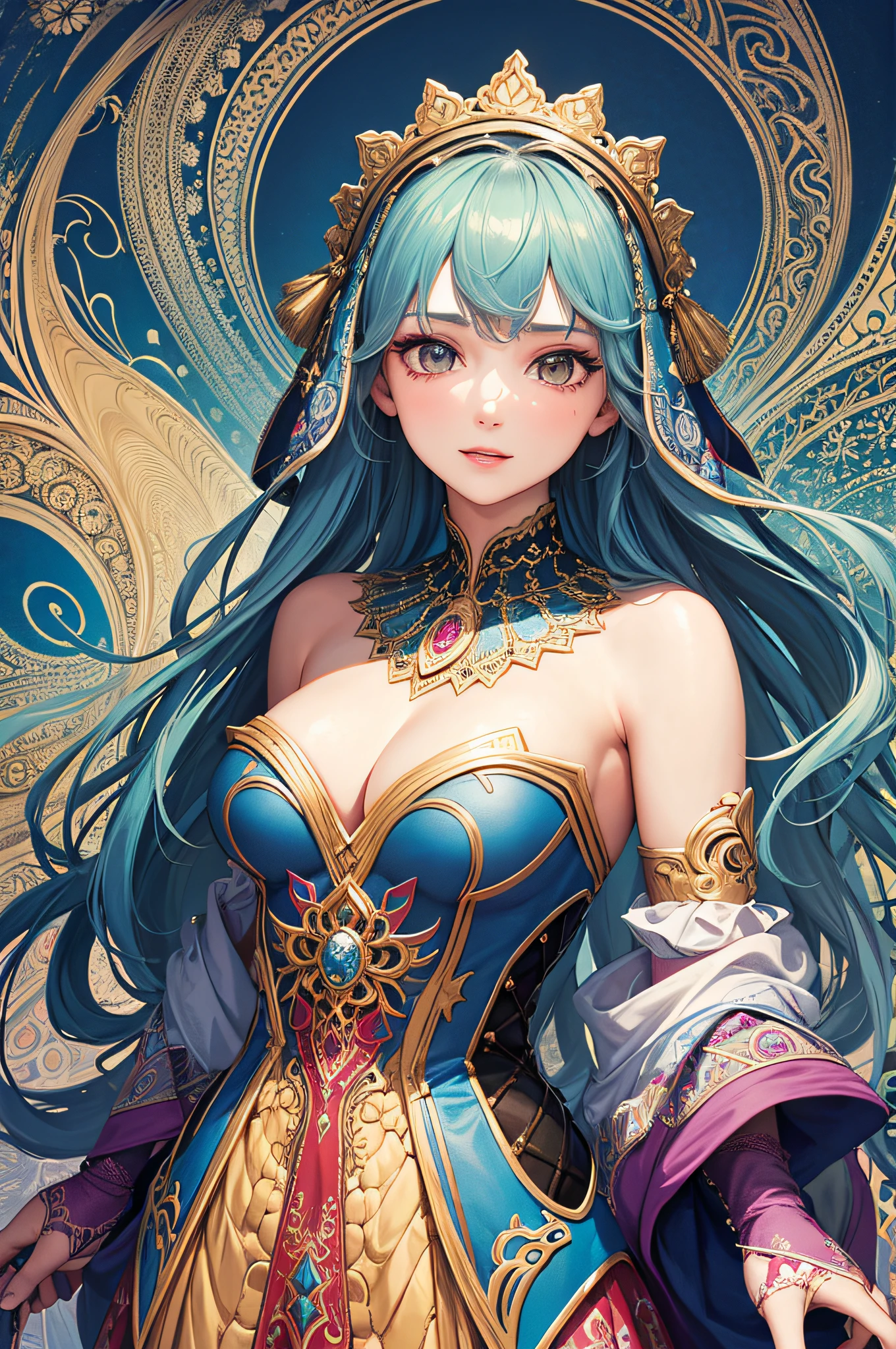 (Masterpiece, Top Quality, Best Quality, Official Art, Beauty and Aesthetics: 1.2), (1girl: 1.3), Very Detailed, (Fractal Art: 1.2), Colorful, Most Detailed, (Zentangle: 1.2), (Dynamic Pose), (Abstract Background: 1.5), (Traditional Clothing: 1.2), (Shiny Skin), (Multiple Colors: 1.4), Upper Body, Close-up