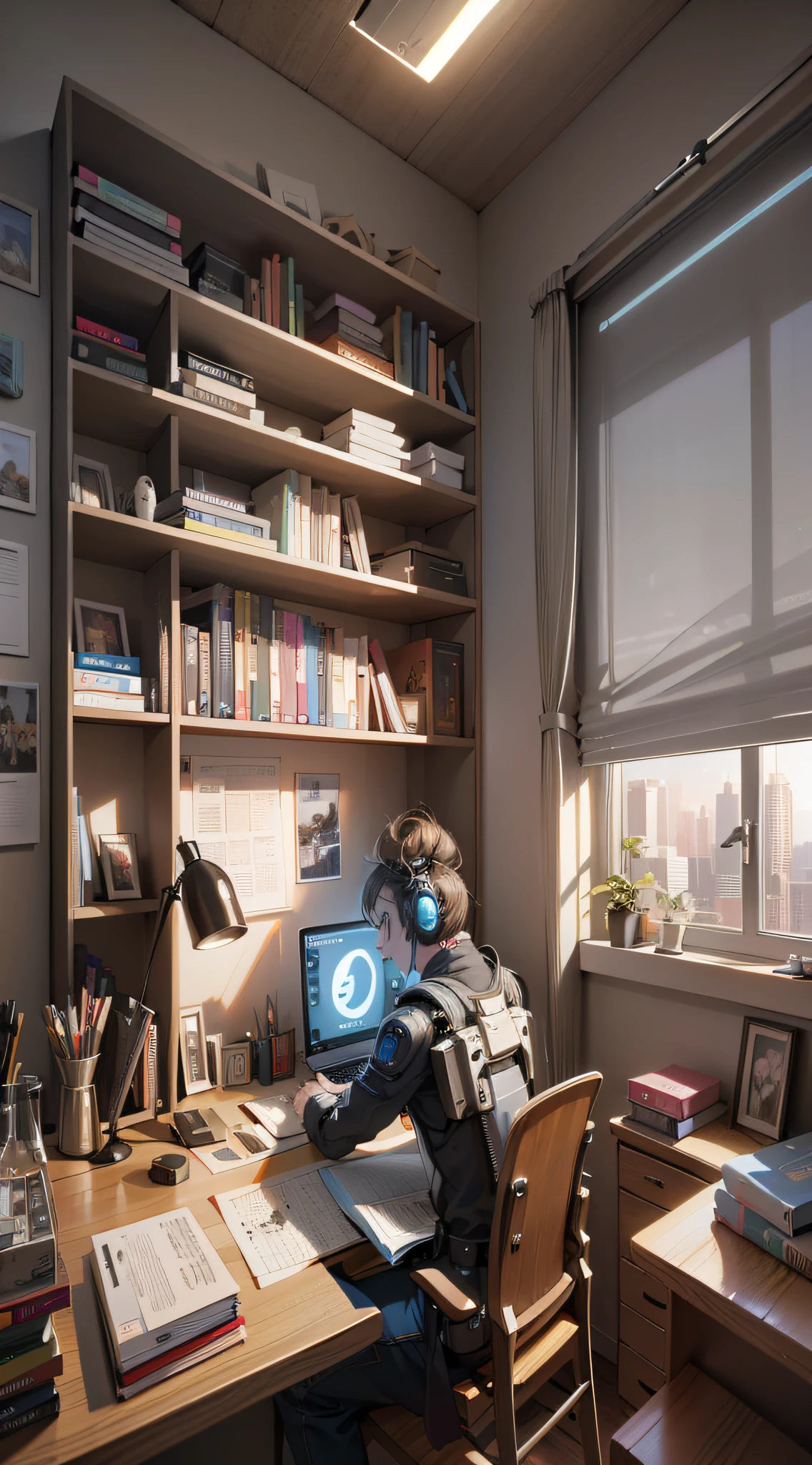 there is a man sitting at a desk with a laptop and a monitor, 3 d render beeple, photorealistic cinematic render, cyberpunk teenager bedroom, realistic afternoon lighting, realistic fantasy render, 8k vray render, detailed 2d illustration, 8 k cg render, by senior environment artist, archviz, vray 8k render