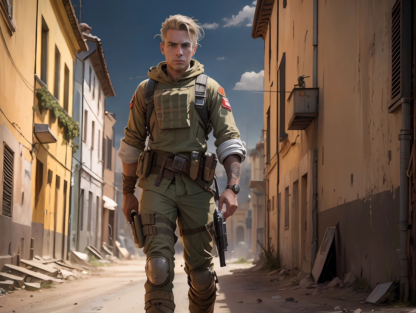 Soldier, sci-fi, post-apocalyptic, wide shot, looks at camera, direct focus, serious, 1935, italy. --auto --s2