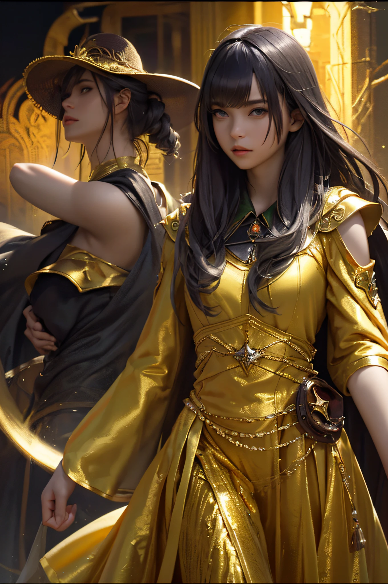 (Front Focus), (In the Dark: 1.6), A Woman Wearing Gorgeous Golden Robe, Fantasy Art, Photo Realism, Dynamic Lighting, Artstation, Poster, Volumetric Lighting, Very Detailed Face, 4 K, Award-Winning 1girl, In the Dark, Deep Shadow, Low Key, Cowboy Shot, (Official Uniform: 1.4), Long Hair, Gray Hair