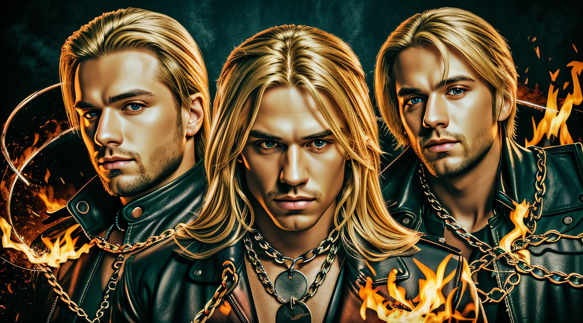 A half body, portrait of 3 German men long blonde hair of 21 years, green leather jackets, background of chains, chain, more chains, many chains, , red, red fire, many background flames.
