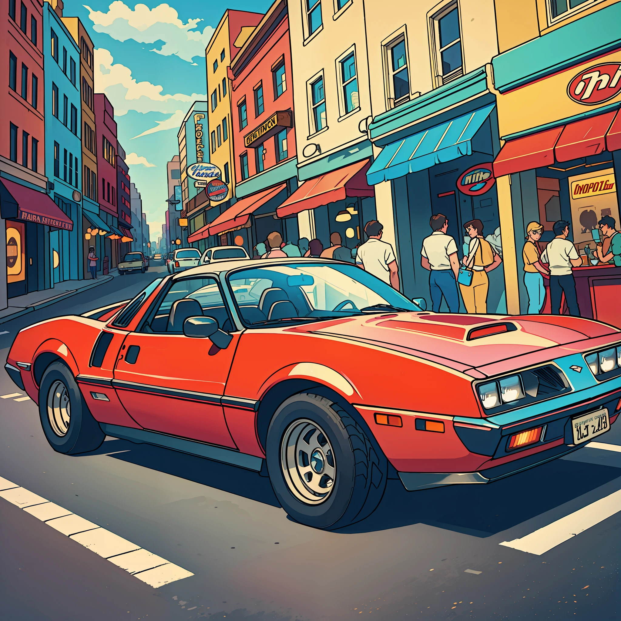 classic car of the 80s, such as Pontiac Fiero or Ford Thunderbird, ultra-detailed, best quality, side view, colorful, in busy street of vintage shops and vintage restaurants in the background, perfect illumination and shadow.