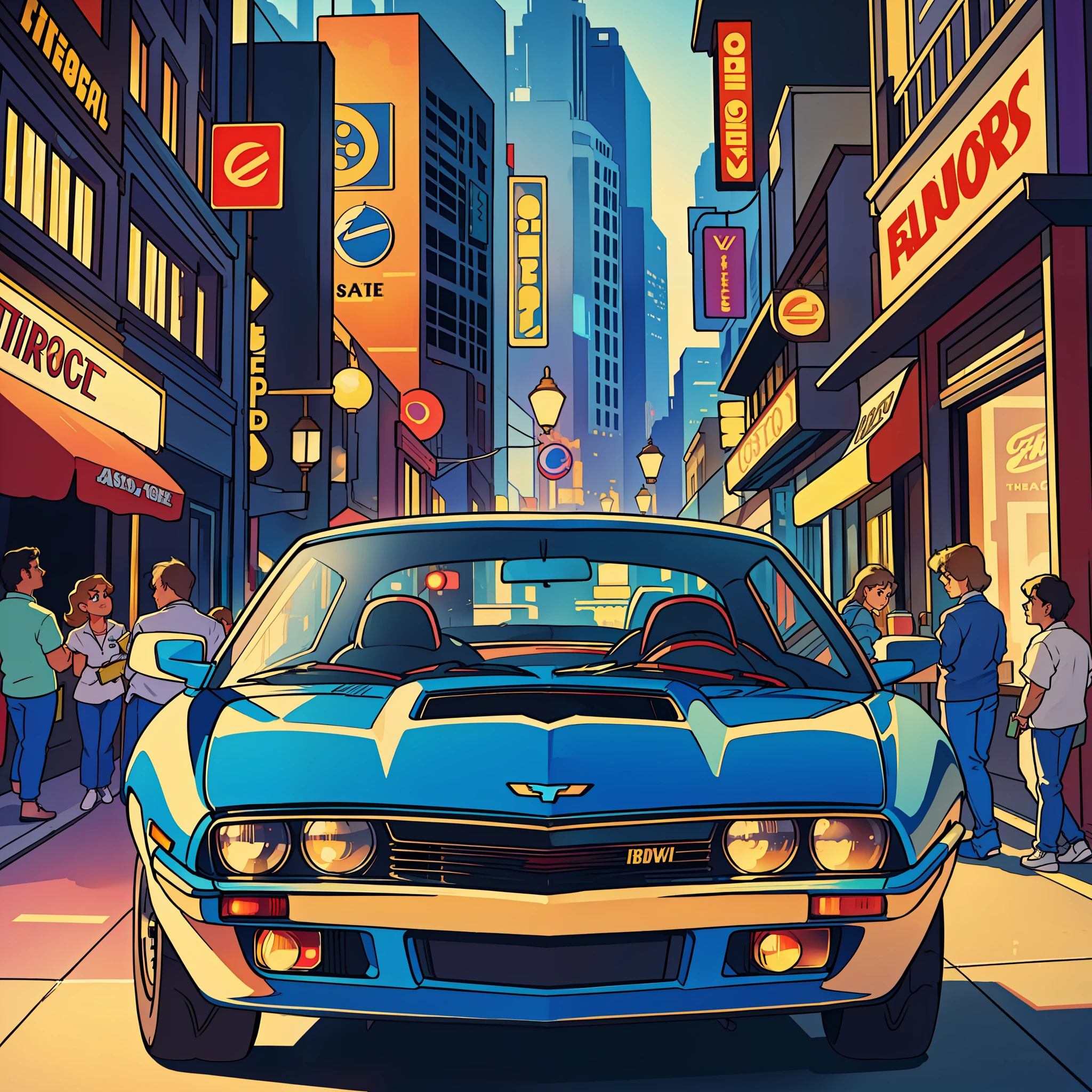 classic car of the 80s, such as Pontiac Fiero or Ford Thunderbird, ultra-detailed, best quality, side view, colorful, in busy street of vintage shops and vintage restaurants in the background, perfect illumination and shadow.