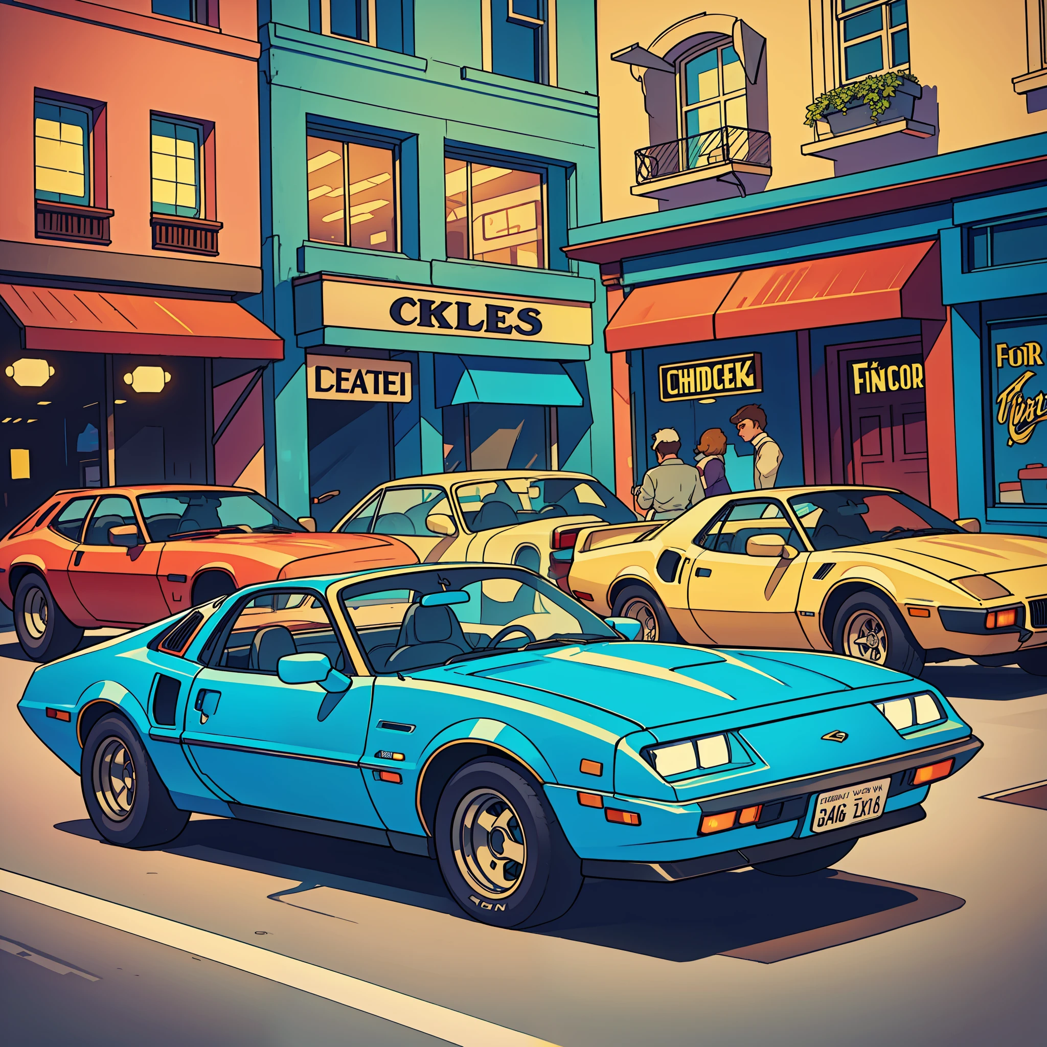 classic car of the 80s, such as Pontiac Fiero or Ford Thunderbird, ultra-detailed, best quality, side view, colorful, in busy street of vintage shops and vintage restaurants in the background, perfect illumination and shadow.