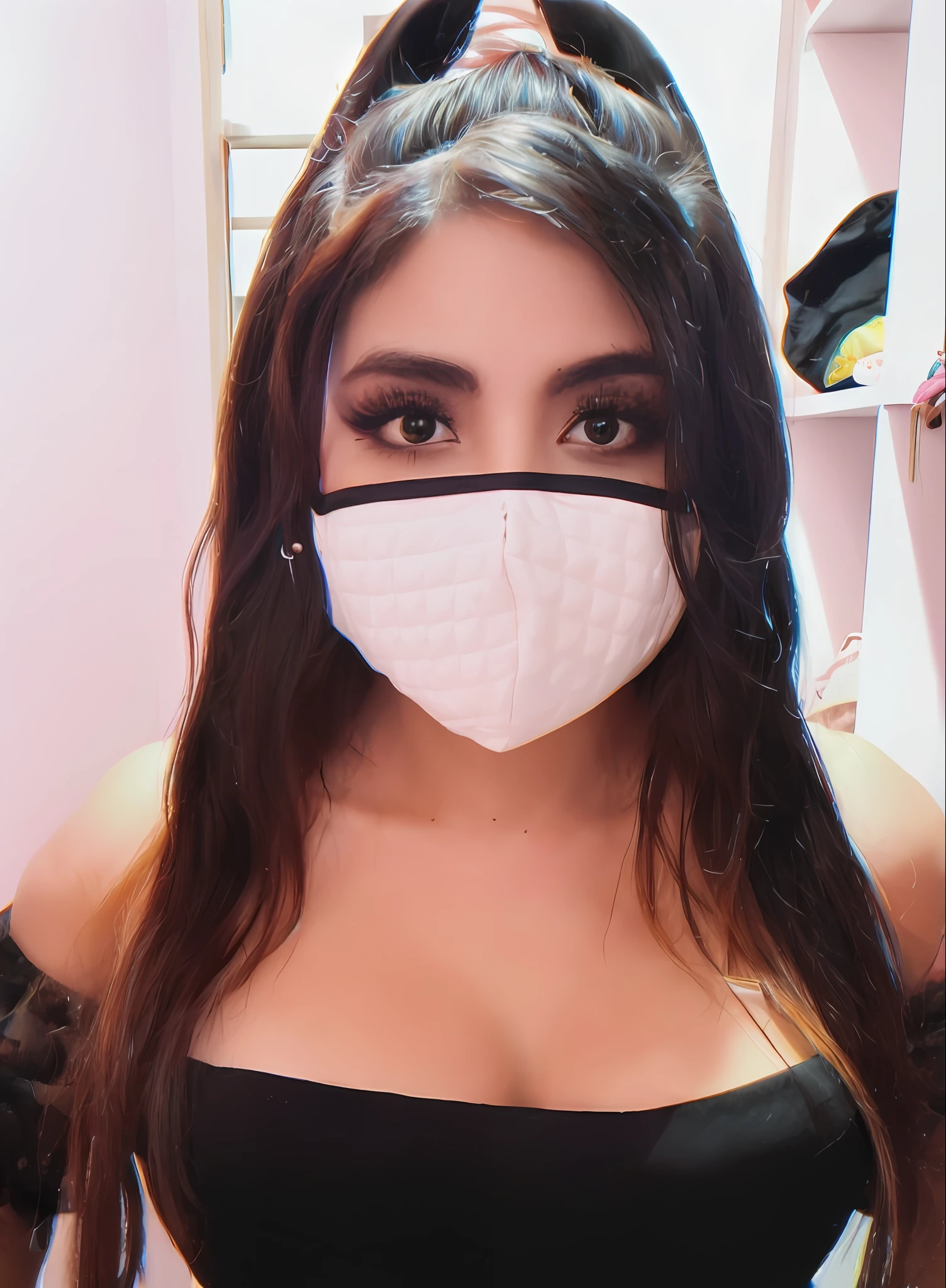 arafed woman wearing a mask with a black band around her mouth, profile picture, masked, sexy face, and - girl, e-girl