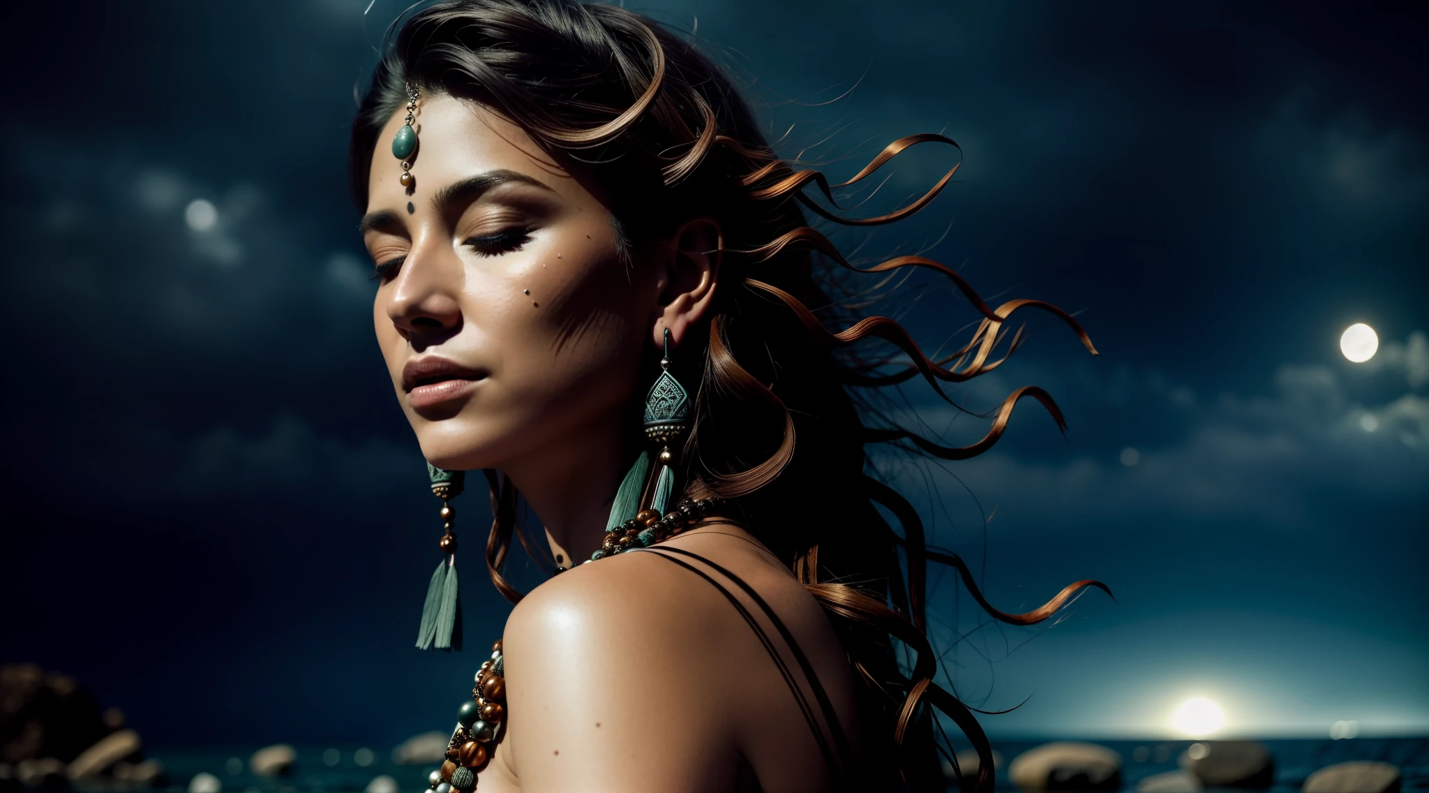 (full portrait), (half shot), solo, detailed background, detailed face, (stonepunkAI, stone theme:1.1), sage, (female), shaman, mystic, (beautiful face), head tilted upwards, (eyes closed, serene expression), calm, meditating, Seafoam Green worn clothes, prayer beads, tribal jewelry, feathers, jade, obsidian, detailed clothing, realistic skin texture, (floating particles, spinning water, embers, ritual, whirlwind, wind),  Atmosphere of foreboding, sharp focus, volumetric lighting, good highlights, good shading, subsurface scattering, intricate, highly detailed, ((cinematic)), dramatic, (highest quality, award-winning, masterpiece:1.5), intricate symmetrical warpaint,forest background,night,full moon