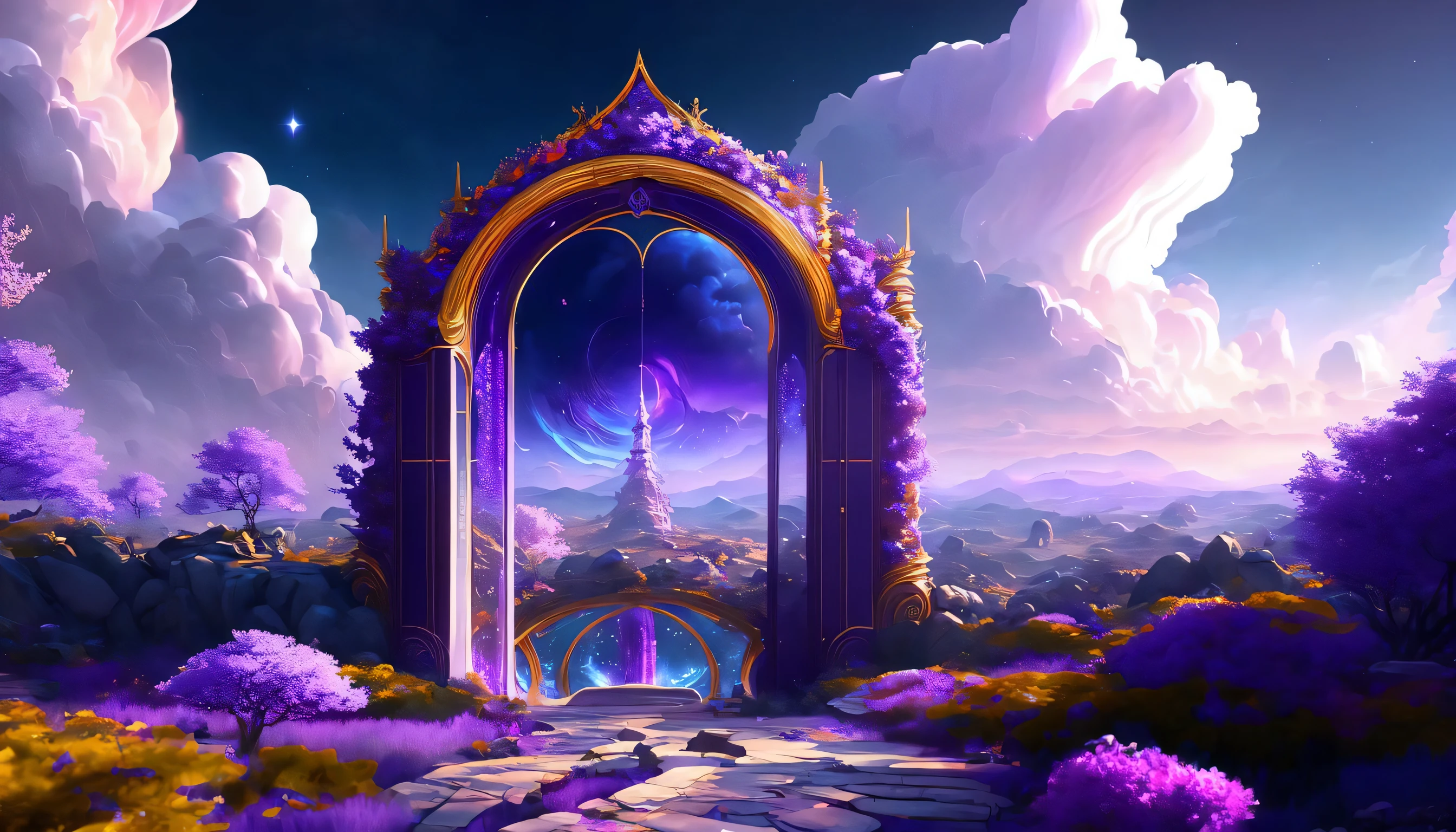 a dreamlike world, lucid dreaming, magical world, colorful, purple clouds, intricate glass arc, sakura bloom,  blue magical energy flowing through the arc,
trending in artstation, 8k, highly detailed, sharp focus