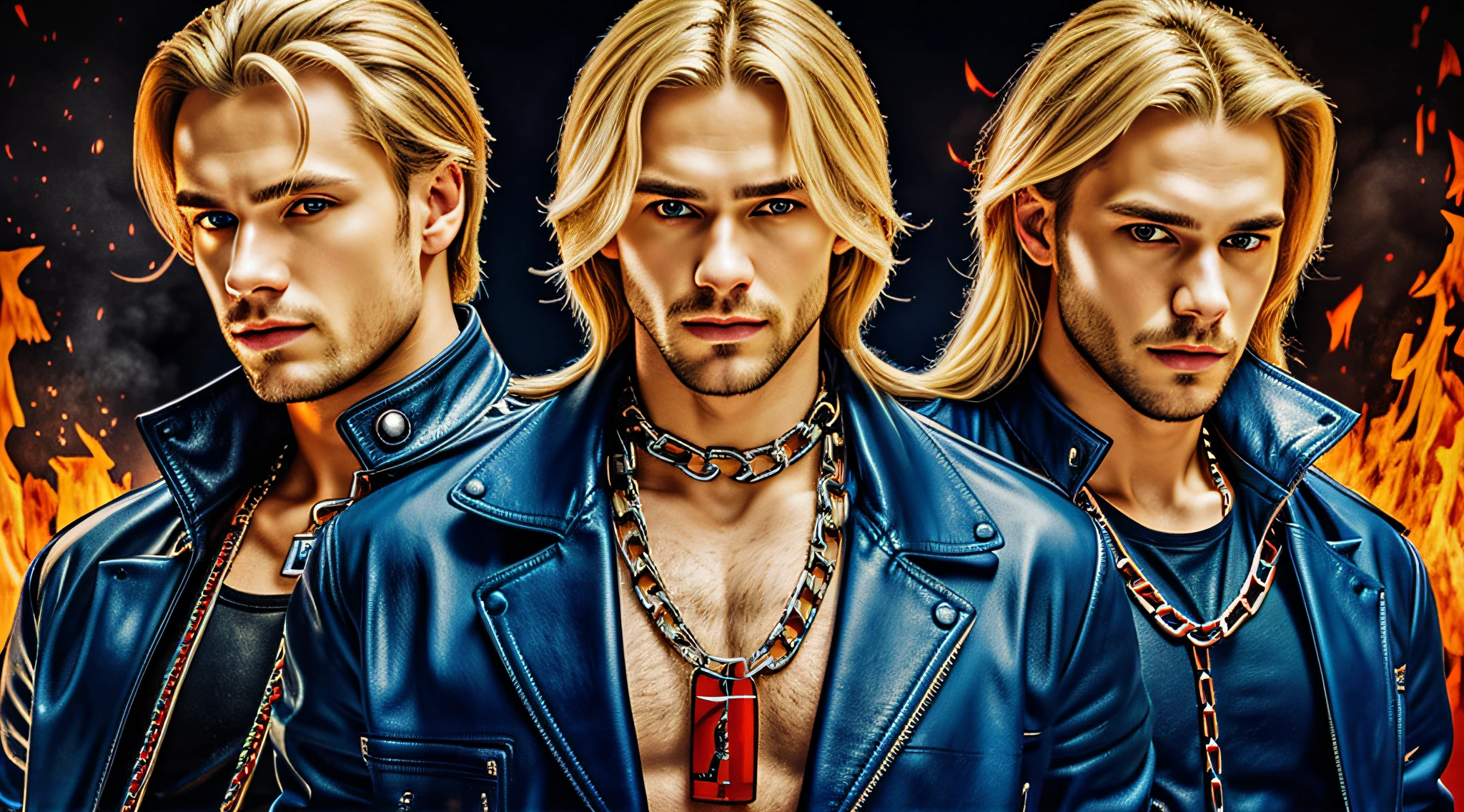 A half body, portrait of 3 German men long blonde hair of 21 years, blue leather jackets, background of chains, chain, more chains, many chains, , red, red fire, many background flames.