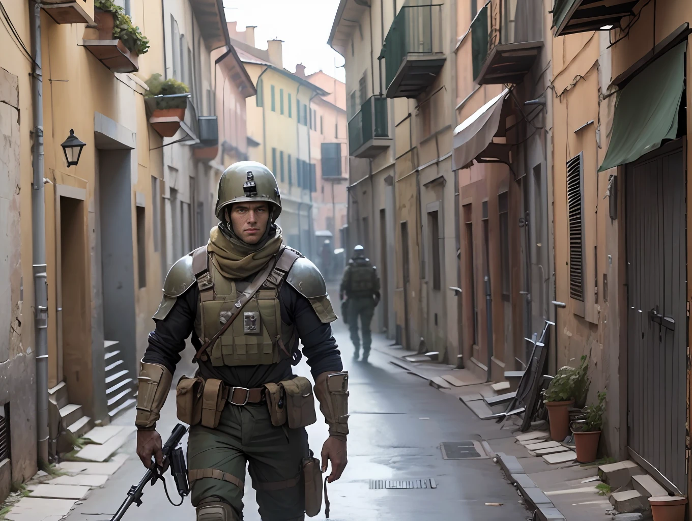 Soldier, sci-fi, post-apocalyptic, wide shot, looks at camera, direct focus, serious, 1935, italy. --auto --s2