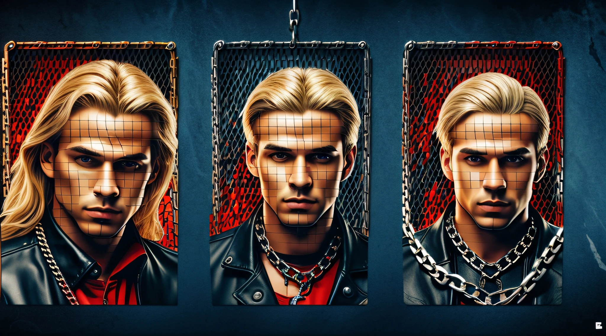 A half body, portrait of 3 German men long blonde hair of 21 years, blue leather jackets, background of chains, chain, more chains, many chains, , red, red fire, many background flames.