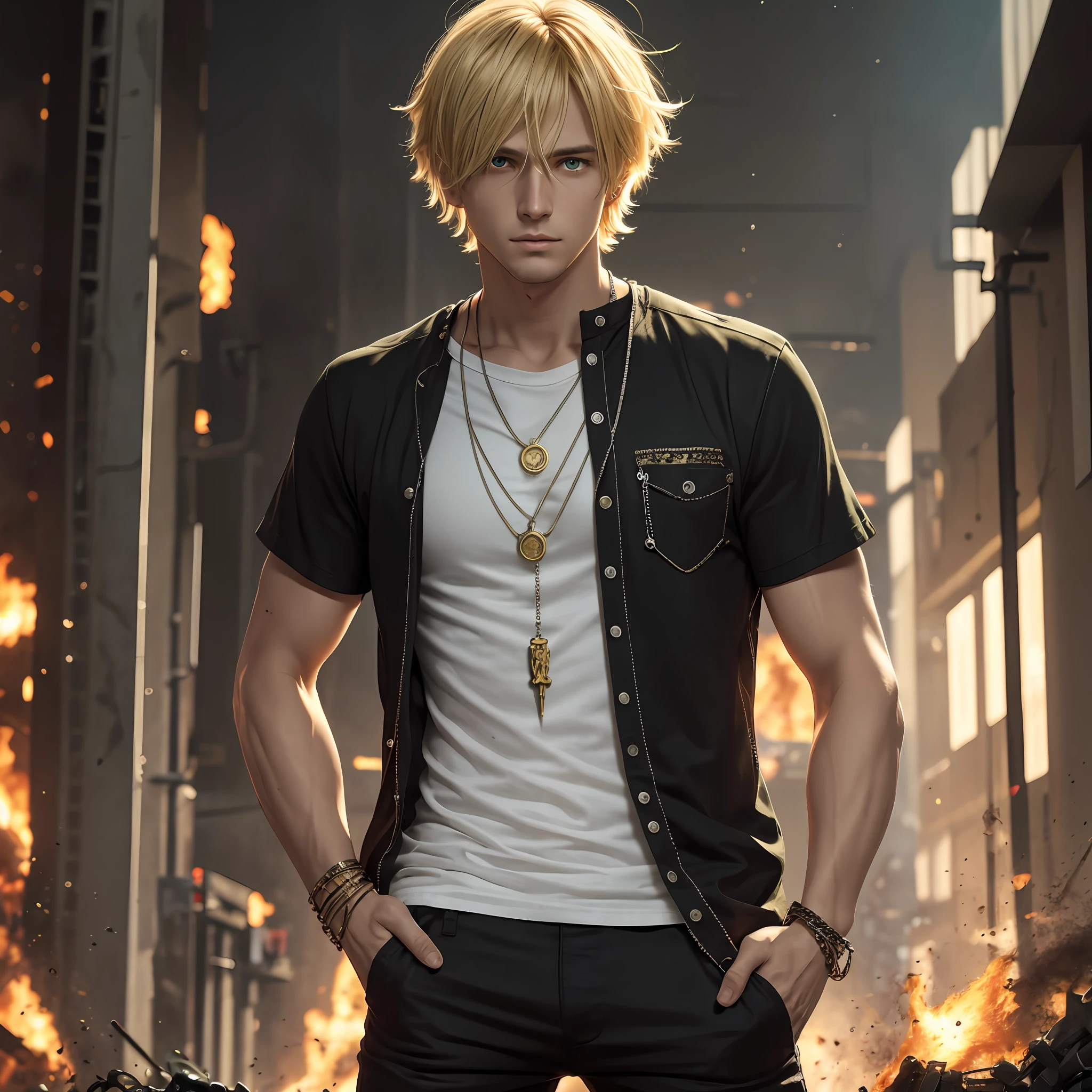 Blonde man, green eyes, messy hair with a white T-shirt, a chain with a fenix pendant one hand in the pocket of black pants and behind him is occurring a big explosion. --auto --s2