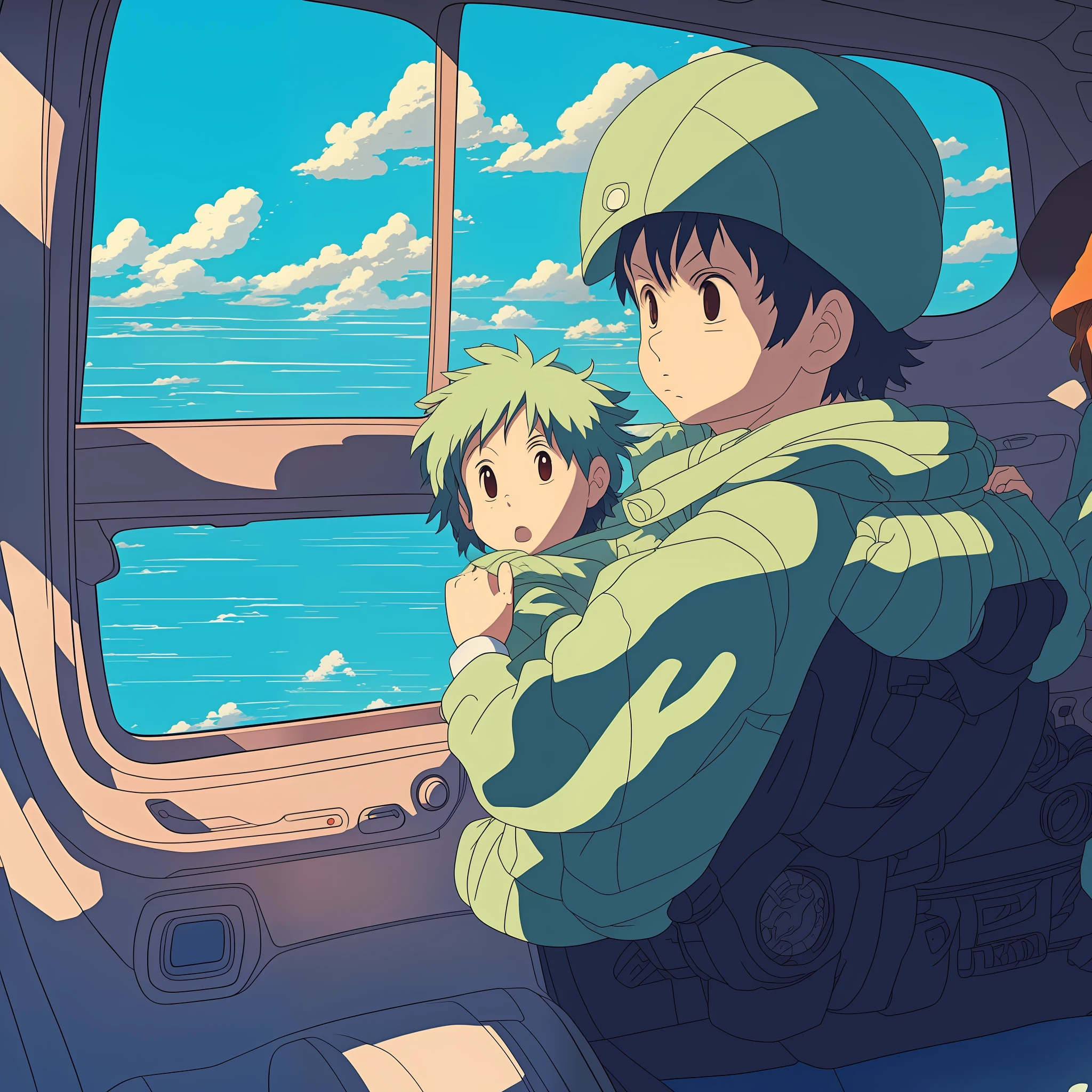 Ghibli style, baby boy, riding in the car, looking out the window, niji5 --auto --s2