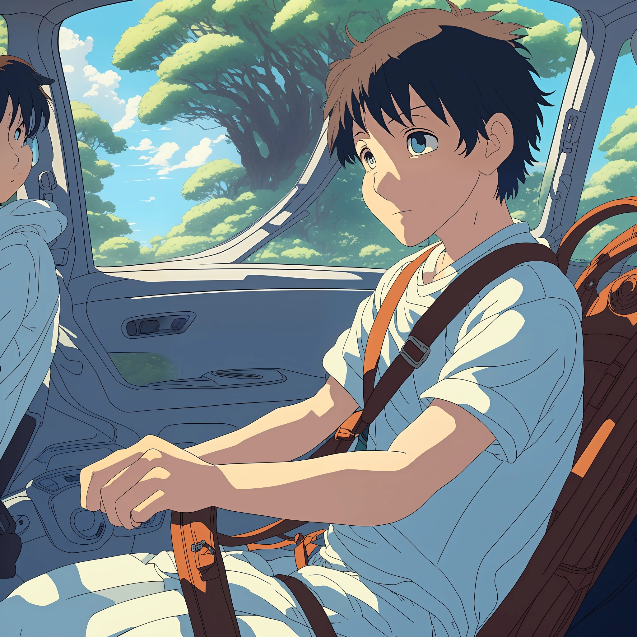 Ghibli style, , riding in the car, looking out the window, niji5 --auto --s2