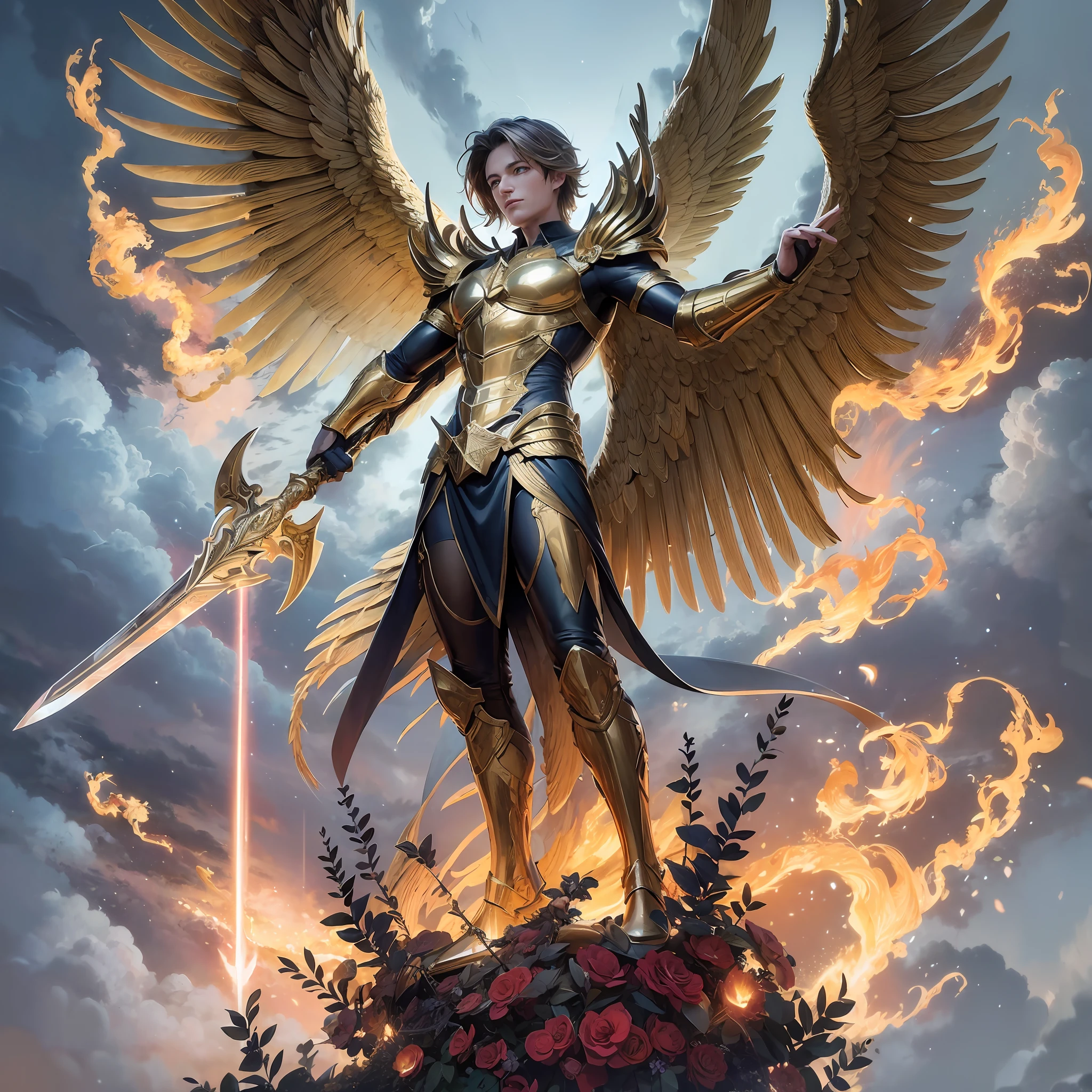/imagine prompt: Archangel Michael with his towering wings, holding a sword of divine flames, in the midst of a heavenly battle, with thunderbolts and stormy clouds in the background, conveying power and justice, life-size bronze sculpture, --air 9:16 --v --auto --s2