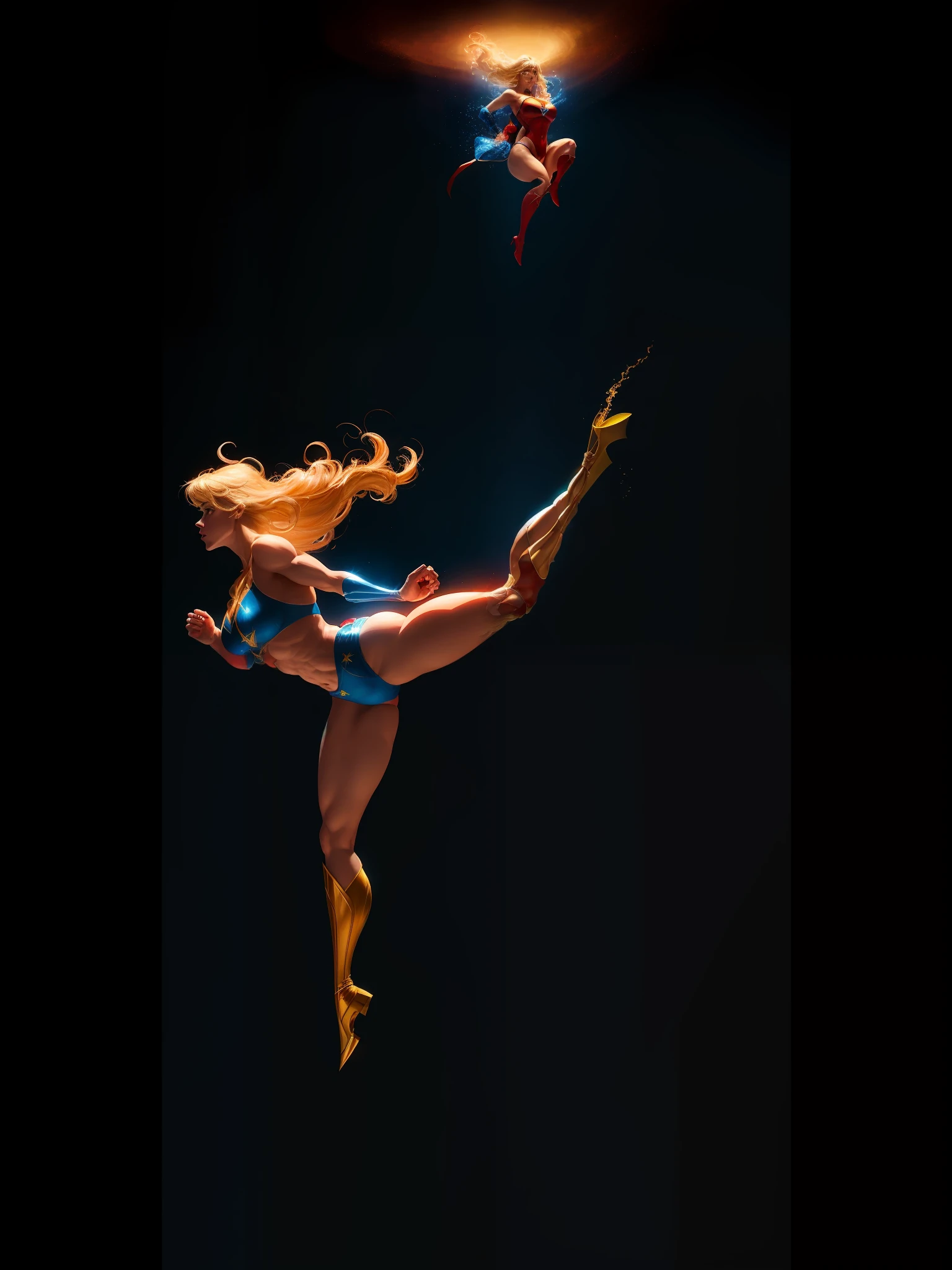 Movie scene, cowboy shot, Beautiful woman, blonde, long hair, bangs hair, strong, beautiful, super girl DC comics, blue and red swimsuit, red and gold robe, energy, action, impactful, floating in the air, from below, night energy