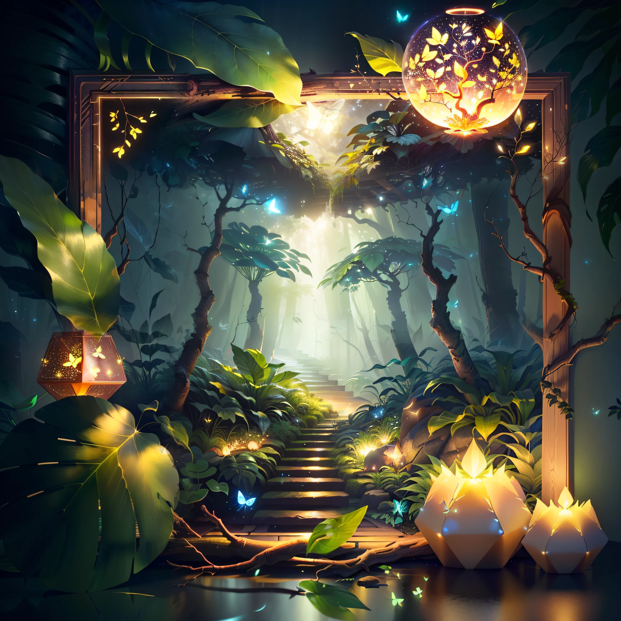 A masterpiece, best quality, (blank background), (blank in the middle), (extremely detailed CG unity 8k wallpaper), (best quality), (best illustration), (best shadow), UI interface The border design features natural elements of the forest theme. The avatar frame is designed in a round shape, surrounded by delicate leaves and branches, with fireflies and glowing particle effects, (UI interface frame design), (natural elements), (jungle theme), (square), (leaves) , (twigs), (fireflies), butterflies, (delicate leaves), (glow), (particle effects). , isometric 3D, octane rendering, ray tracing, super detailed