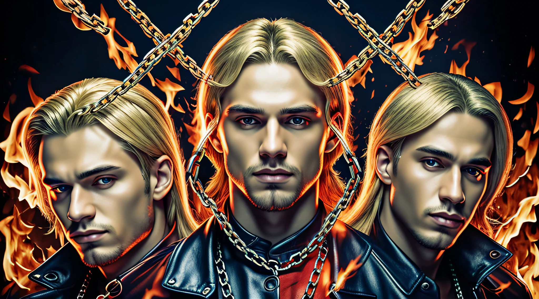 A half body, portrait of 3 German men long blonde hair of 21 years, blue leather jackets, background of chains, chain, more chains, many chains, , red, red fire, many background flames.