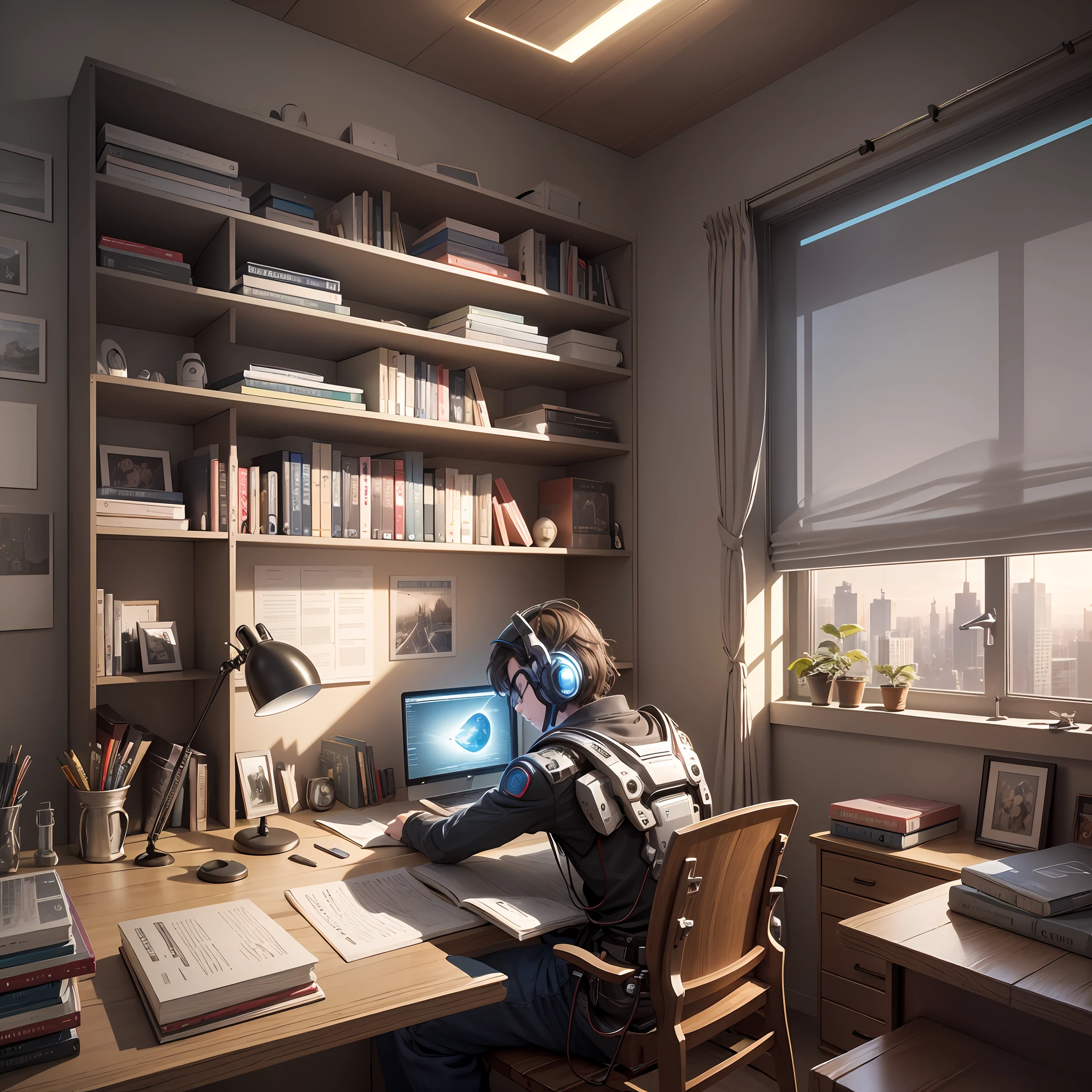 A large room, on one side his bed, on the other side a shelf with several books on computer programming, artificial intelligences, and in the center a desk with a computer and a 12-year-old, nerdy, typing something and talking to his robot. artistic, realistic --auto --s2