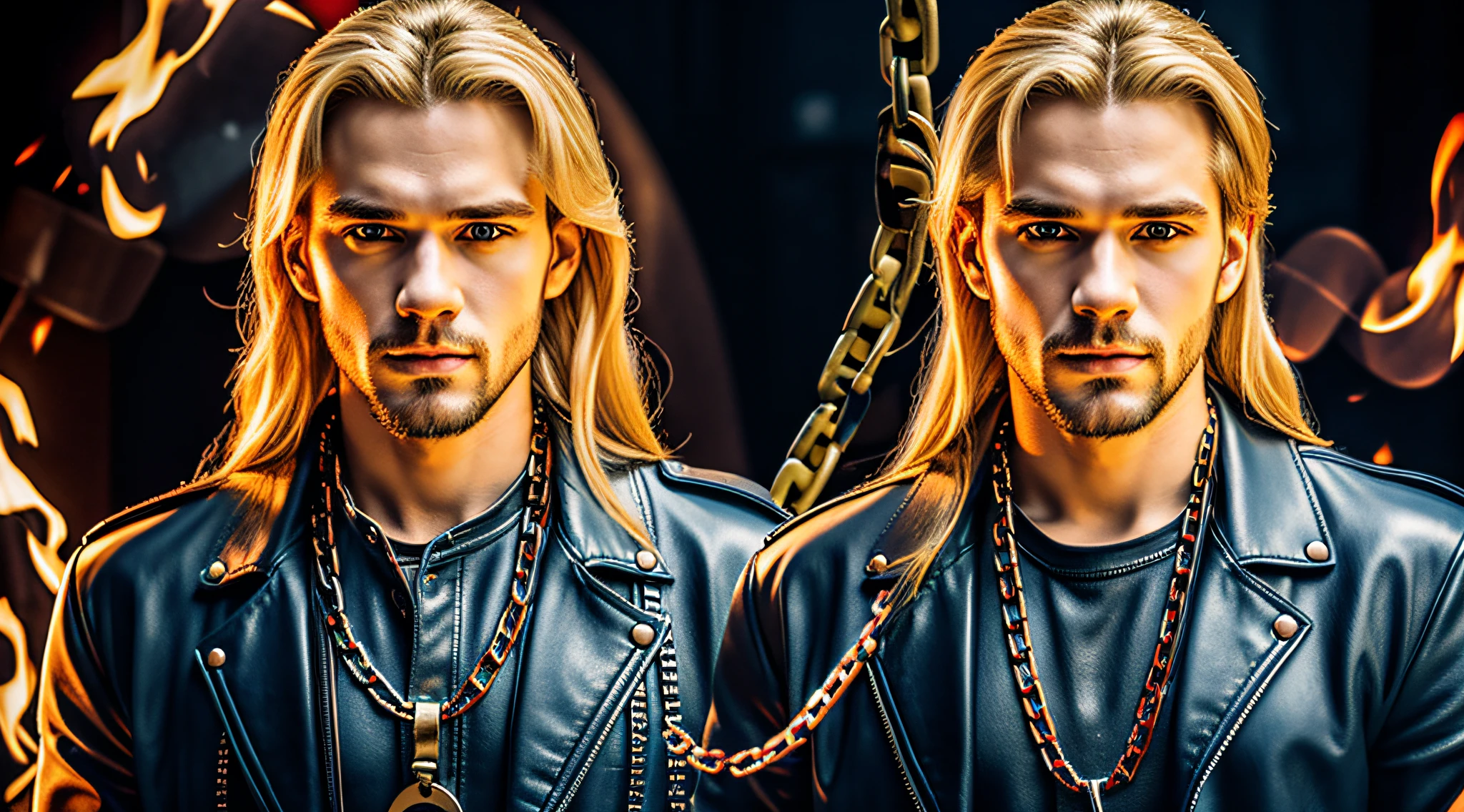 A half body, portrait of 3 German men long blonde hair of 21 years, blue leather jackets, background of chains, chain, more chains, many chains, , red, red fire, many background flames.