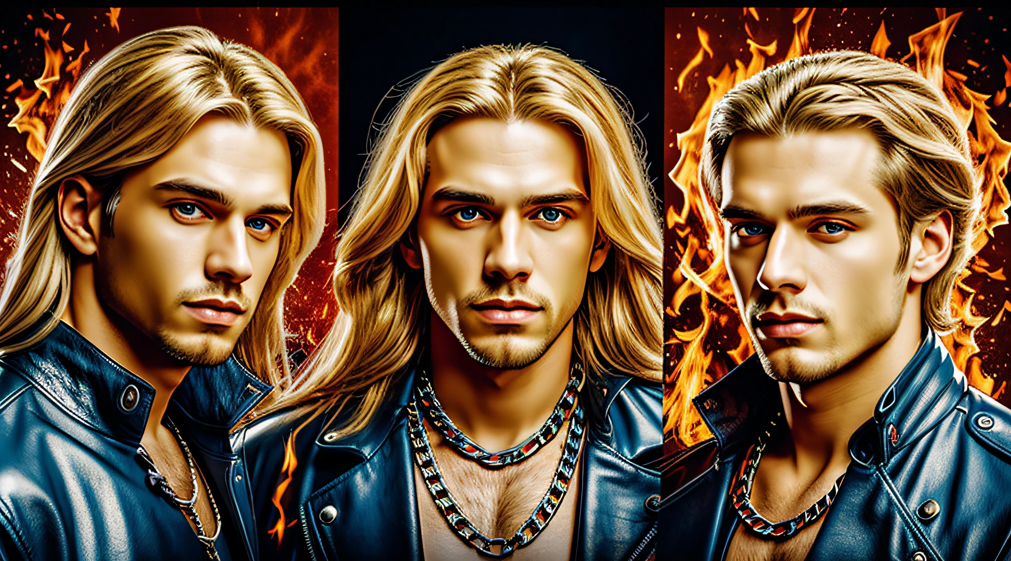 A half body, portrait of 3 German men long blonde hair of 21 years, blue leather jackets, background of chains, chain, more chains, many chains, , red, red fire, many background flames.