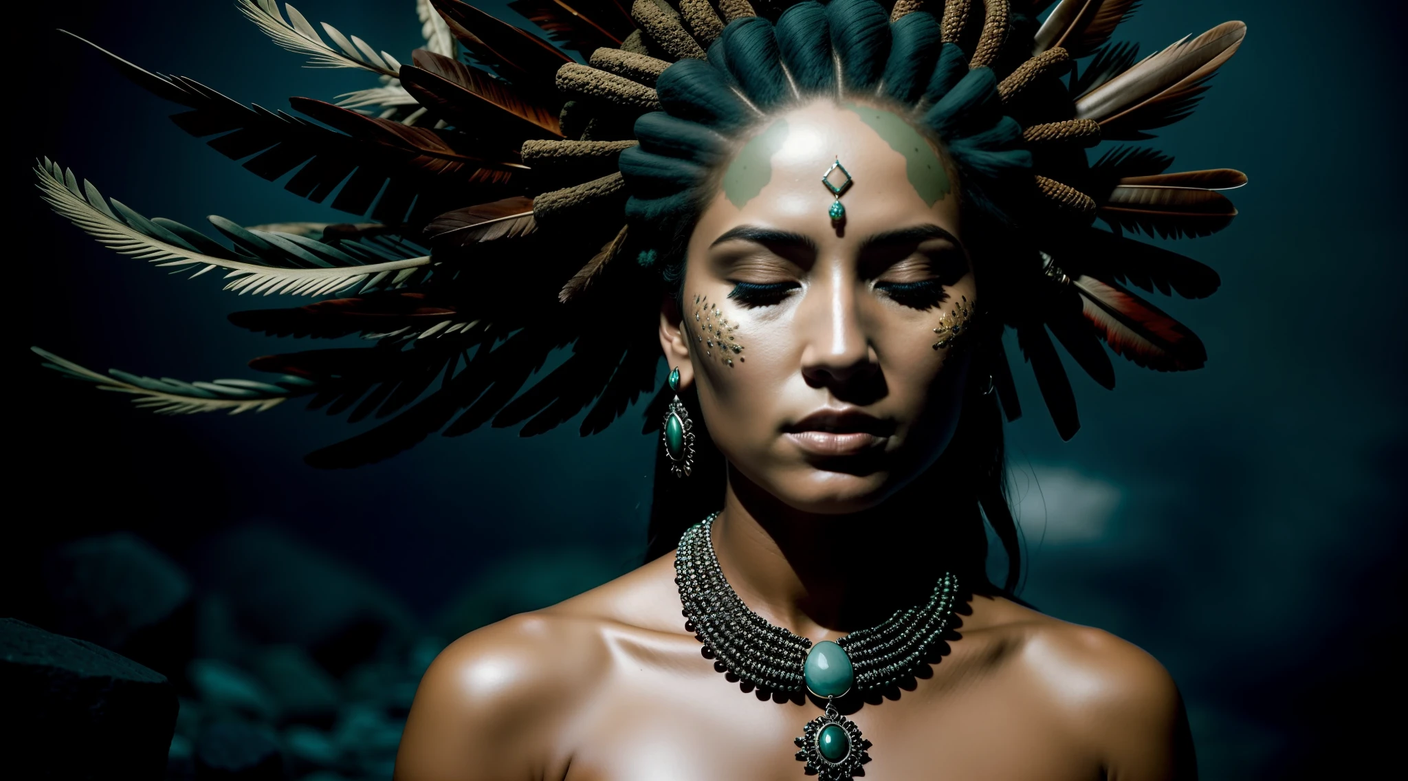 (full portrait), (half shot), solo, detailed background, detailed face, (stonepunkAI, stone theme:1.1), wise, (female), shaman, mystical, (gorgeous face), head tilted upwards, (eyes closed, serene expression), calm, meditating, Seafoam Green frayed clothes, prayer beads, tribal jewelry, feathers, jade, obsidian, detailed clothing, realistic skin texture, (floating particles, water swirling, embers, ritual, whirlwind, wind), foreboding atmosphere, sharp focus, volumetric lighting, good highlights, good shading, subsurface scattering, intricate, highly detailed, ((cinematic)), dramatic, (highest quality, award winning, masterpiece:1.5), intricate symmetrical warpaint,