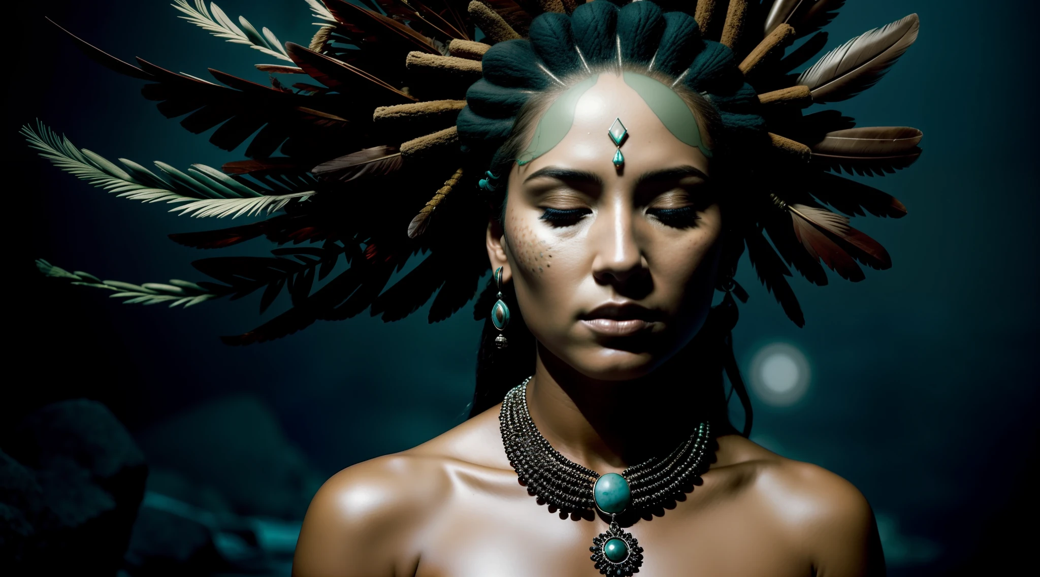 (full portrait), (half shot), solo, detailed background, detailed face, (stonepunkAI, stone theme:1.1), wise, (female), shaman, mystical, (gorgeous face), head tilted upwards, (eyes closed, serene expression), calm, meditating, Seafoam Green frayed clothes, prayer beads, tribal jewelry, feathers, jade, obsidian, detailed clothing, realistic skin texture, (floating particles, water swirling, embers, ritual, whirlwind, wind), foreboding atmosphere, sharp focus, volumetric lighting, good highlights, good shading, subsurface scattering, intricate, highly detailed, ((cinematic)), dramatic, (highest quality, award winning, masterpiece:1.5), intricate symmetrical warpaint,