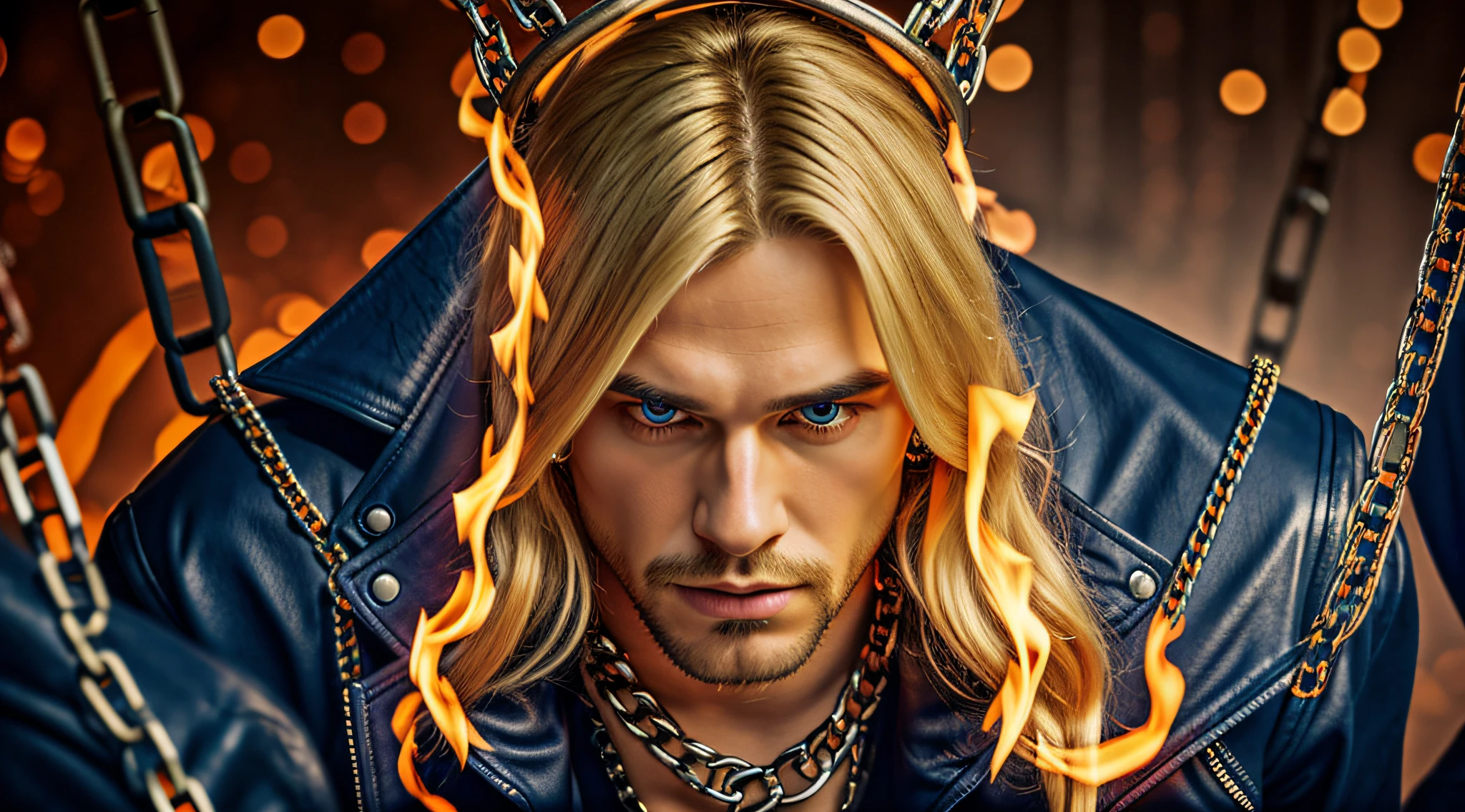 A half body, portrait of 3 German men long blonde hair of 21 years, blue leather jackets, background of chains, chain, more chains, many chains, , red, red fire, many background flames.