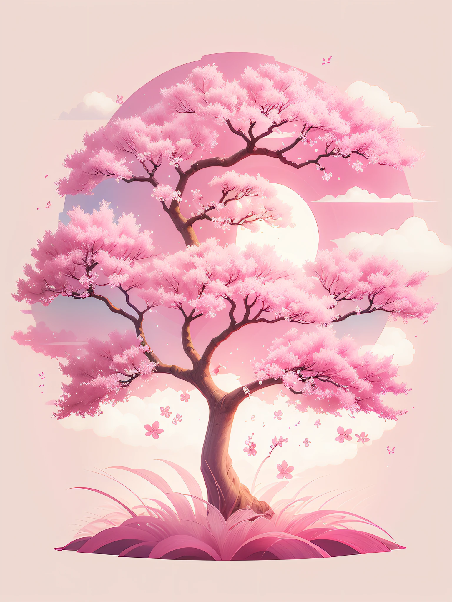 there is a tree with pink flowers in the middle of a field, a beautiful artwork illustration, cherry blossom tree, cherry-blossom-tree, very beautiful digital art, beautiful digital illustration, fantasy tree, beautiful digital painting, beautiful gorgeous digital art, beautiful digital art, cherry blossom, beautiful painting of a tall, beautiful digital artwork, jen bartel, stunning digital illustration