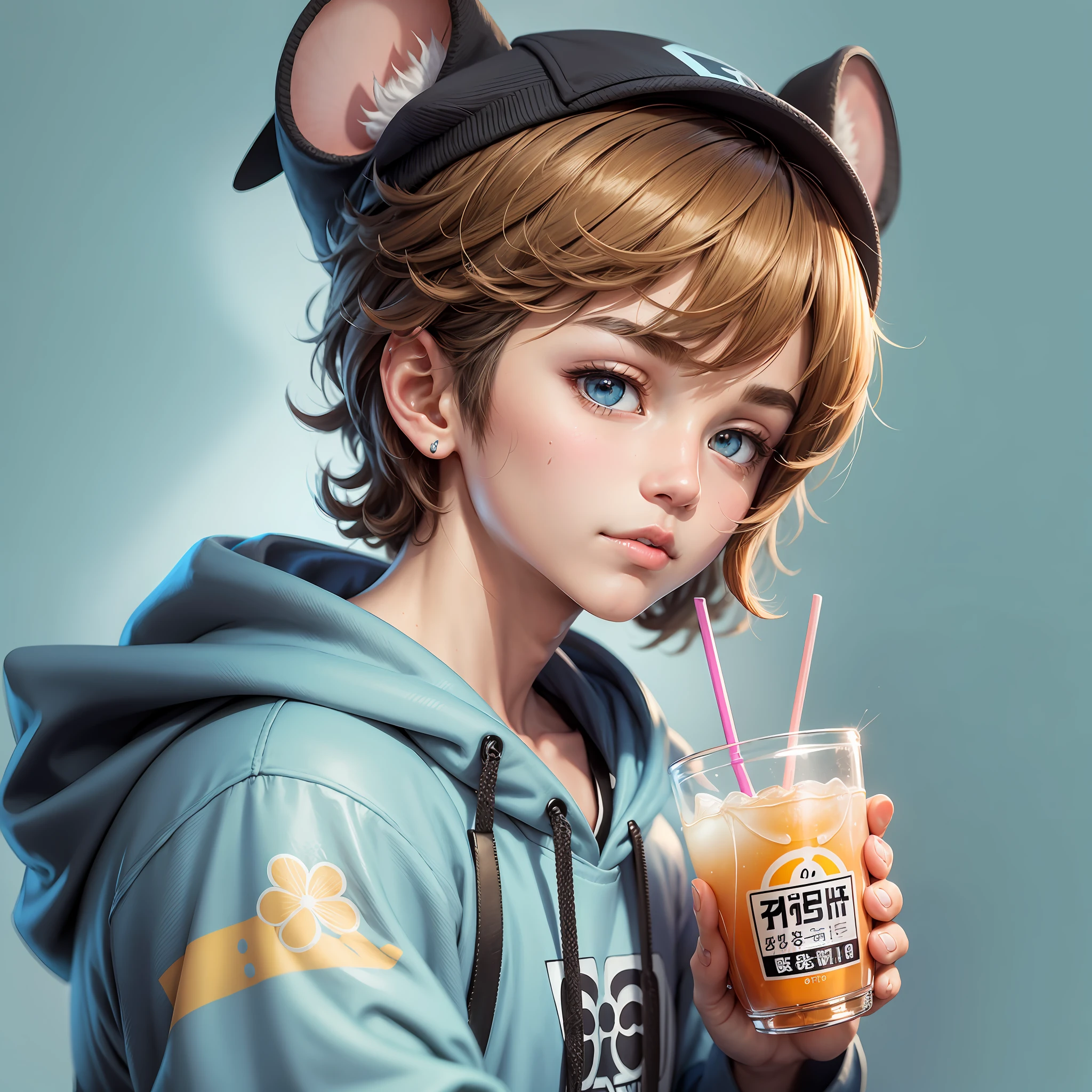 Ins style, Harajuku style, close-up, complete headshot, a handsome boy drinking lemonade tea, brown hair, mouse ear hat hairstyle, masterpiece, light blue solid color background, hopeful eyes, black Hoodie