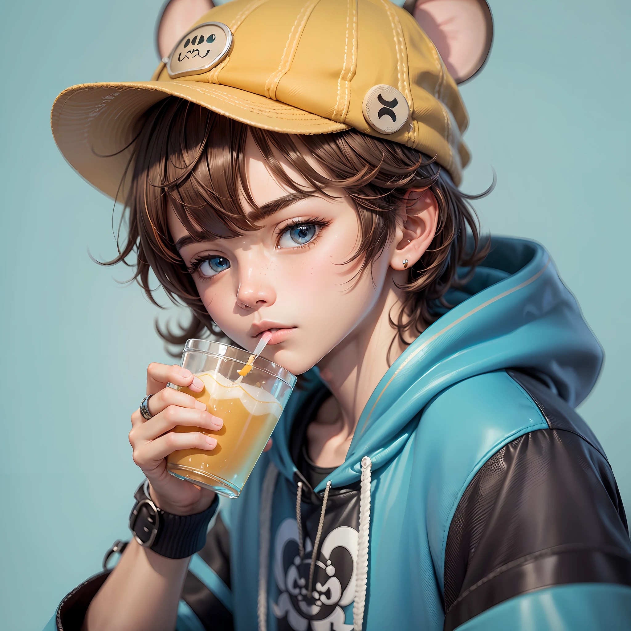 Ins style, Harajuku style, close-up, complete headshot, a handsome boy drinking lemonade tea, brown hair, mouse ear hat hairstyle, masterpiece, light blue solid color background, hopeful eyes, black Hoodie