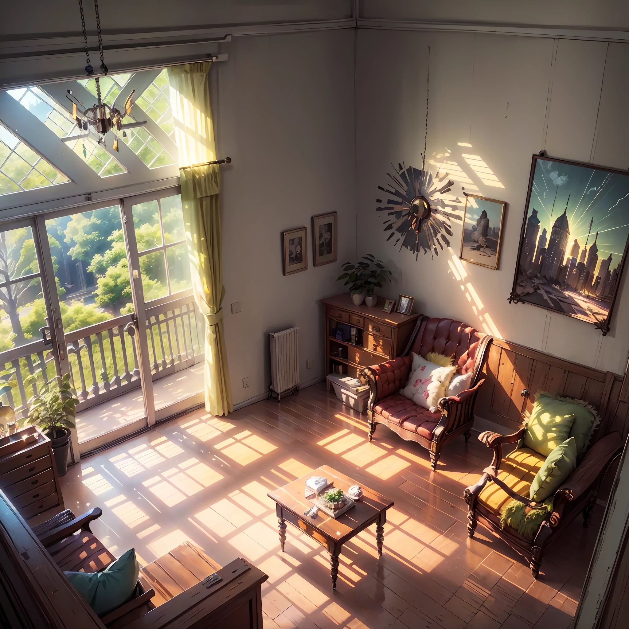 Painting of a room with sun rays coming in, anime background art, background art, background art, bright forest, John 8K woods lush anime, solar rays. digital illustration, elegant living room drawing, sunlight study, anime landscape, beautiful sunlight and shadows, sunbeam light, stunning sunlight and shadows, anime scenery concept art, various realistic cats of different coats --auto --s2