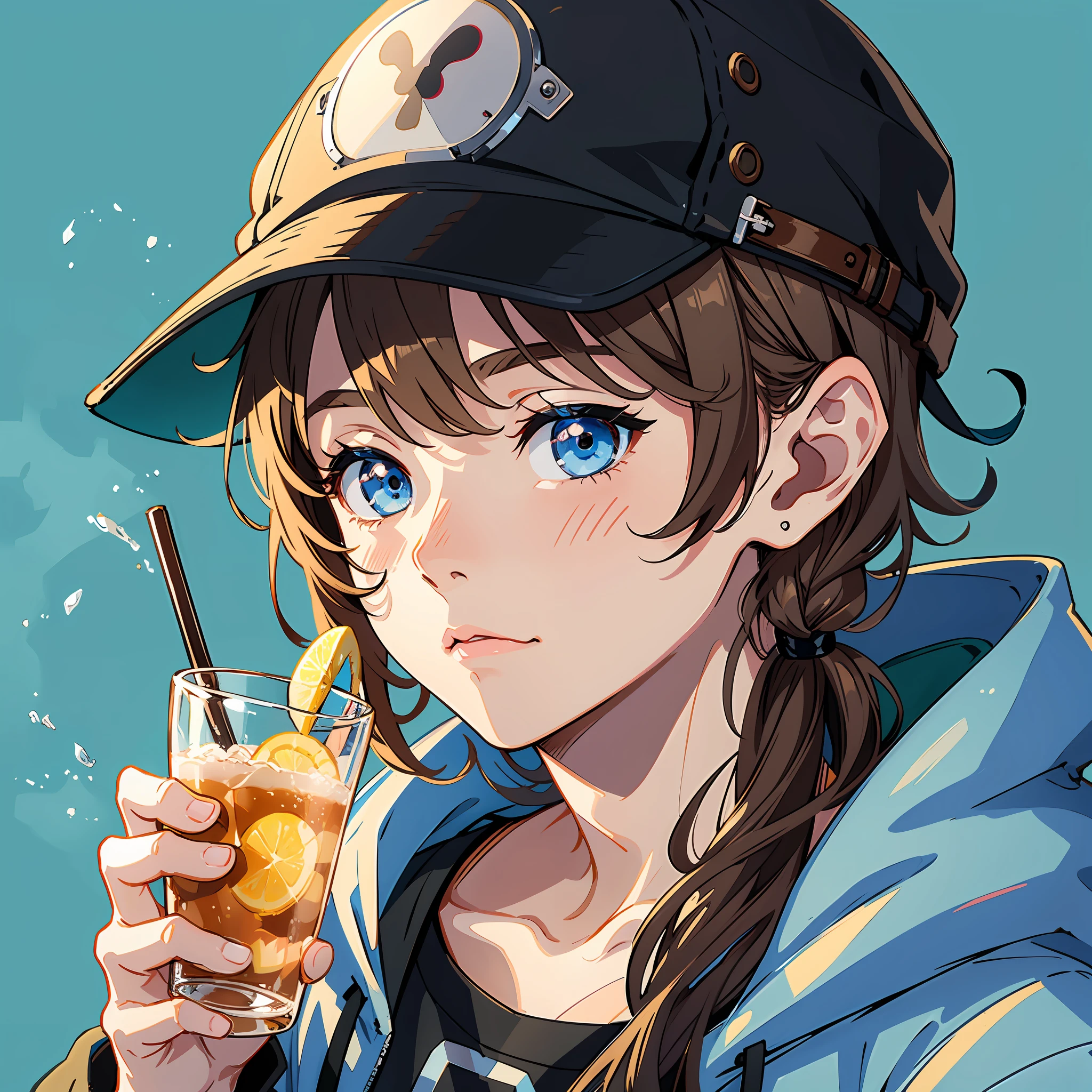 Ins style, Harajuku style, close-up, complete headshot, a handsome boy drinking lemonade tea, brown hair, mouse ear hat hairstyle, masterpiece, light blue solid color background, hopeful eyes, black Hoodie