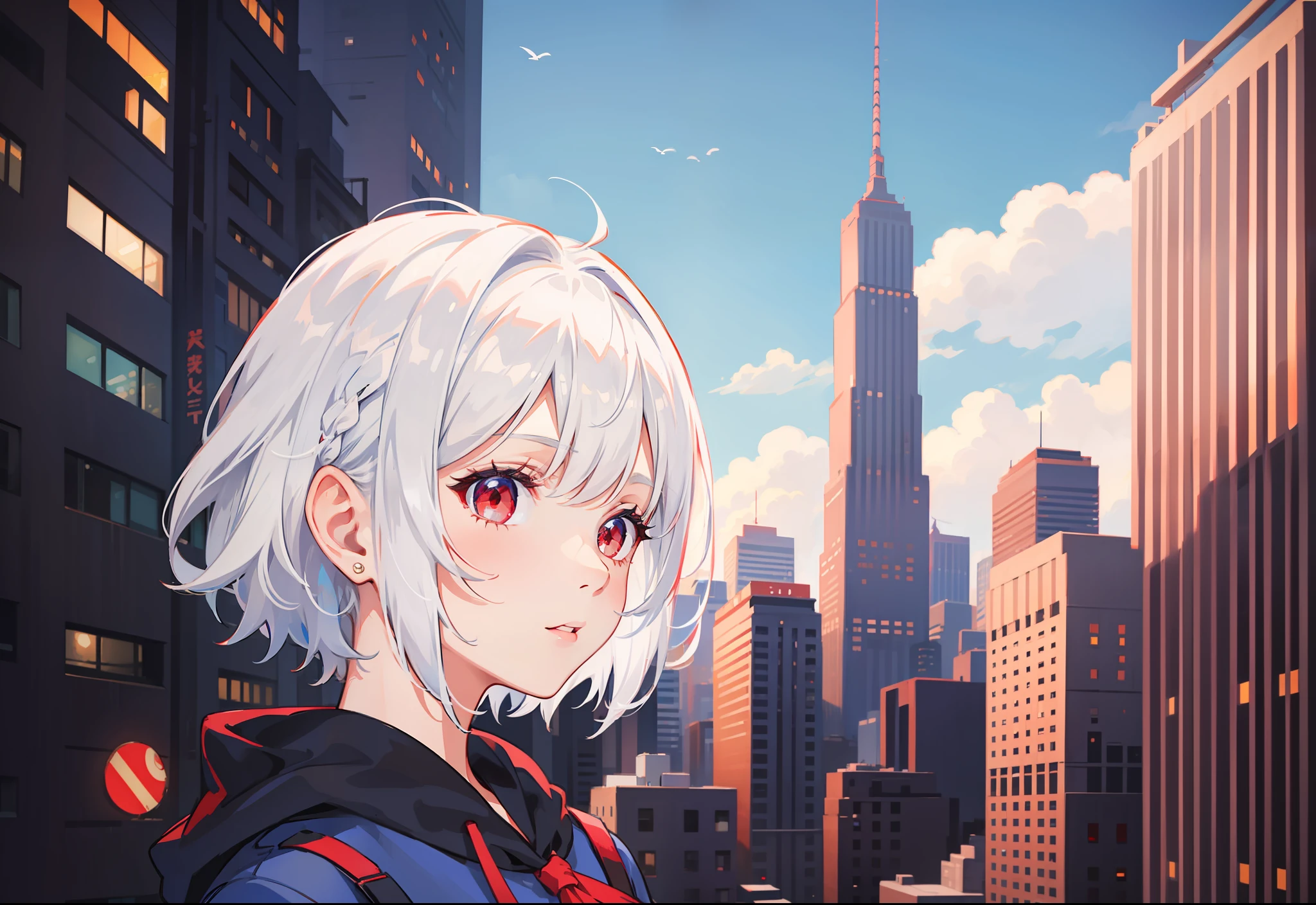 1girl, short hair, white hair, red eyes, blue dress, portrait, city background
